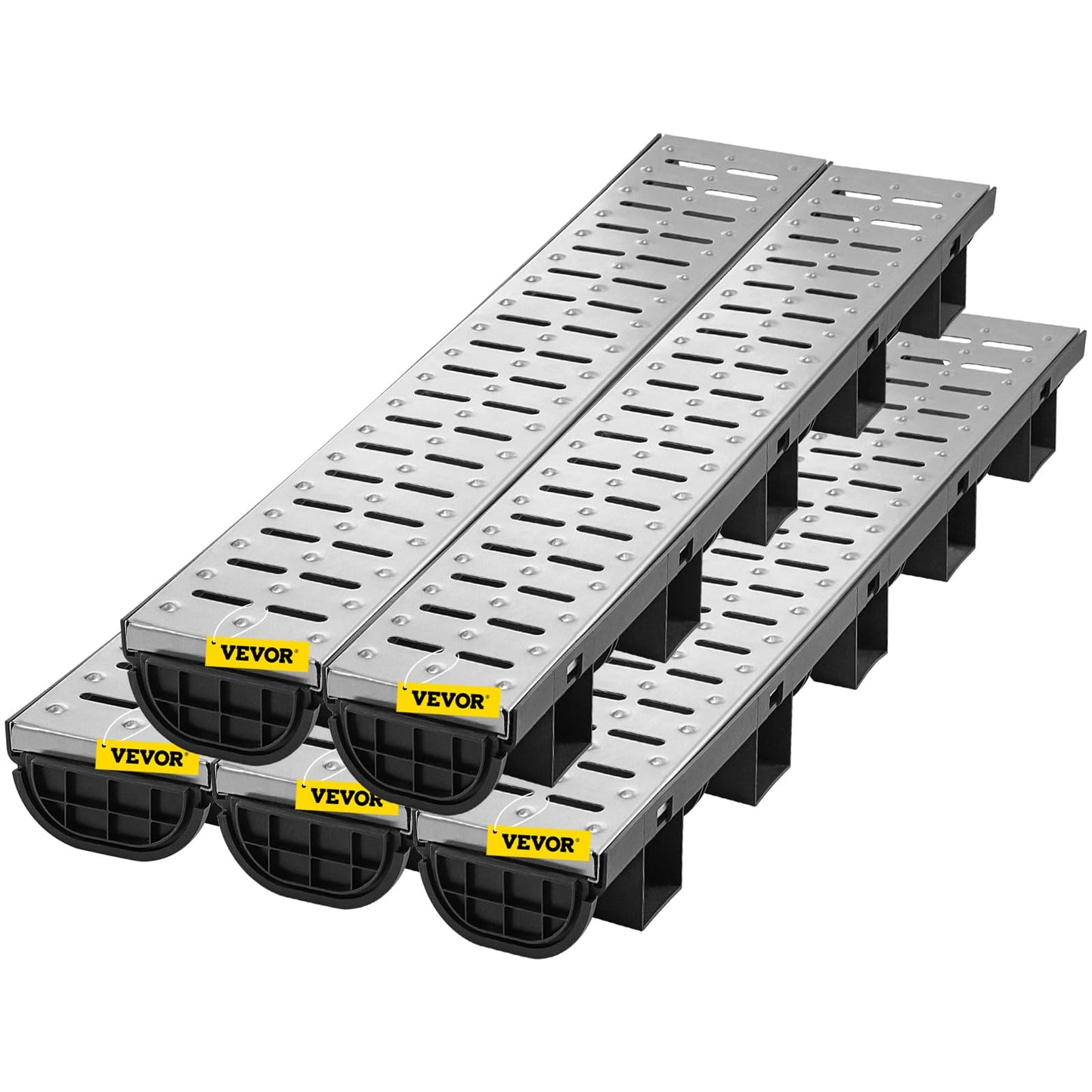 VEVOR Trench Drain System 5 Pack, Channel Drain with Metal Grate 5.7 x 3.1 in HDPE Drainage Trench, Black Plastic Garage Floor Waterway 5 x 39 in with 5 End Caps for Garden Driveway