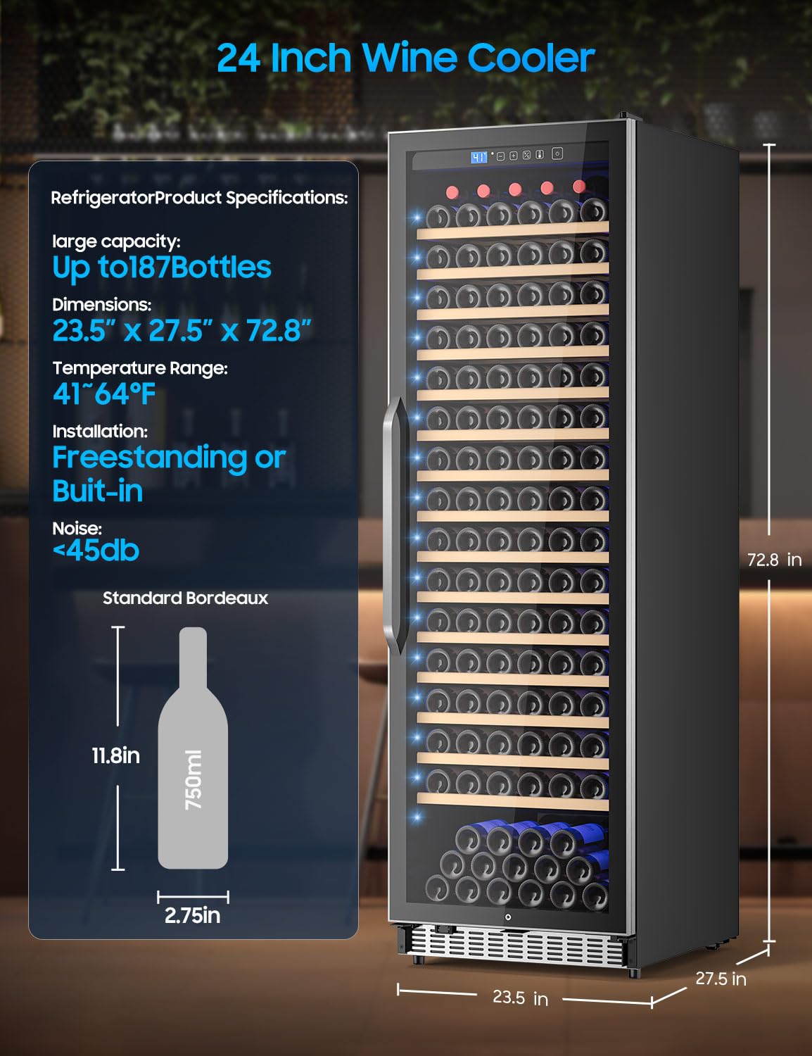 187 Bottle Wine Cooler Refrigerator, 24 Inch Freestanding/Built-in Wine Fridge, Large Capacity Wine Cooler with Fast Cooling Quiet Compressor, 41℉-64℉ Temp Control for Home Office Kitchen, Wine Gift