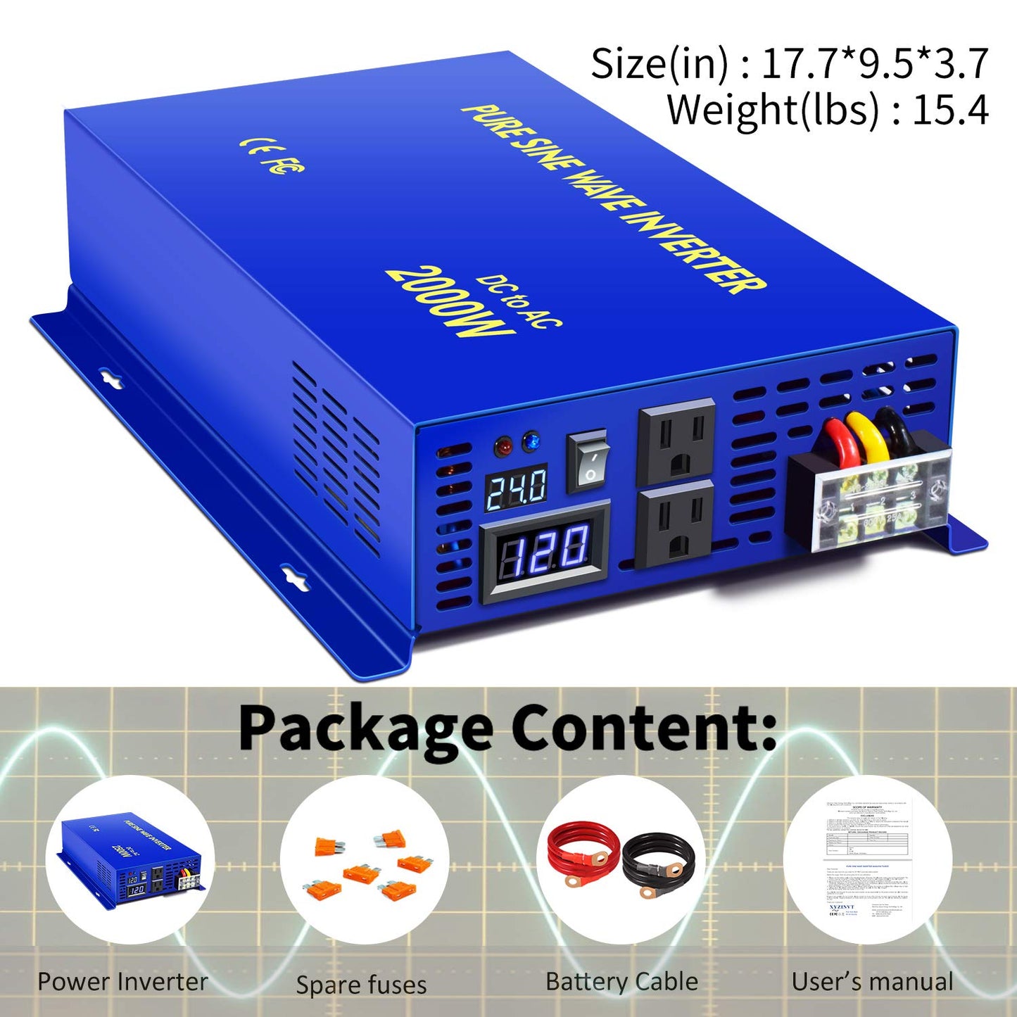 2000 Watt Pure Sine Wave Inverter 24V DC to 110v 120V AC, 2000W Car Power Invert Surge 4000W Power Converter for Solar System. (2000W 24V 120V) Blue