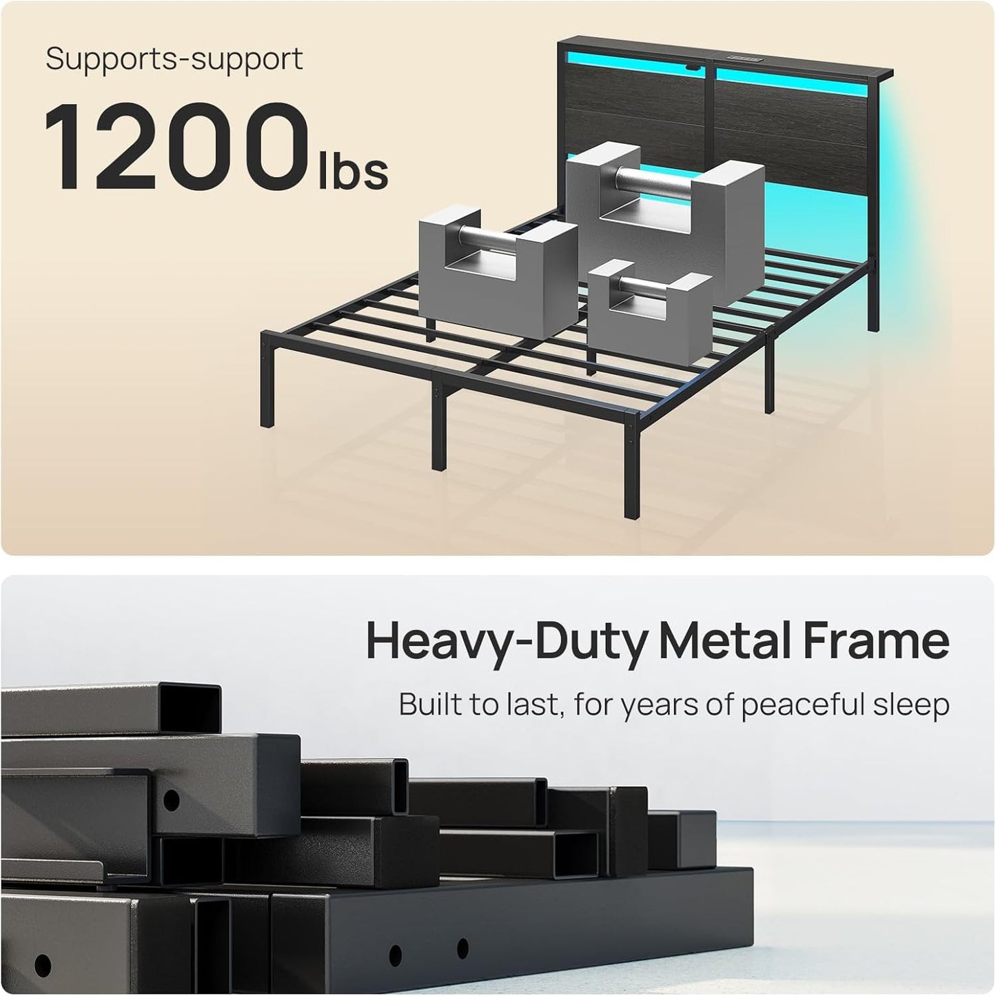 Rolanstar Queen Bed Frame - LED Headboard with Charging Station | Noise-Free Black Oak Design