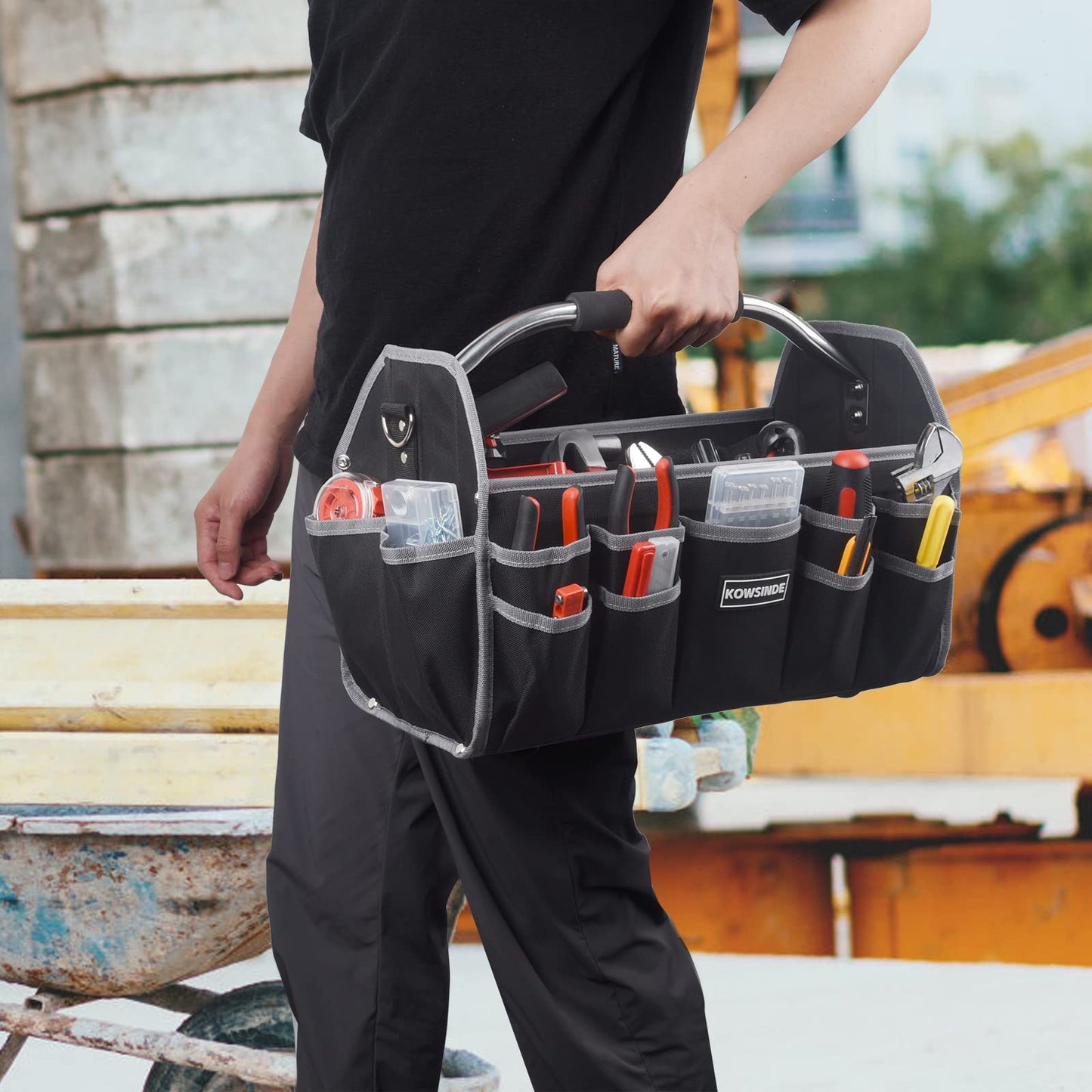 Kowsinde 16 Inch Tool Bag, Electrician Tool Bag, Open Top Tool Bags, 26 Pockets Can Hold Many Tools, Steel Handle and Removable Shoulder Strap