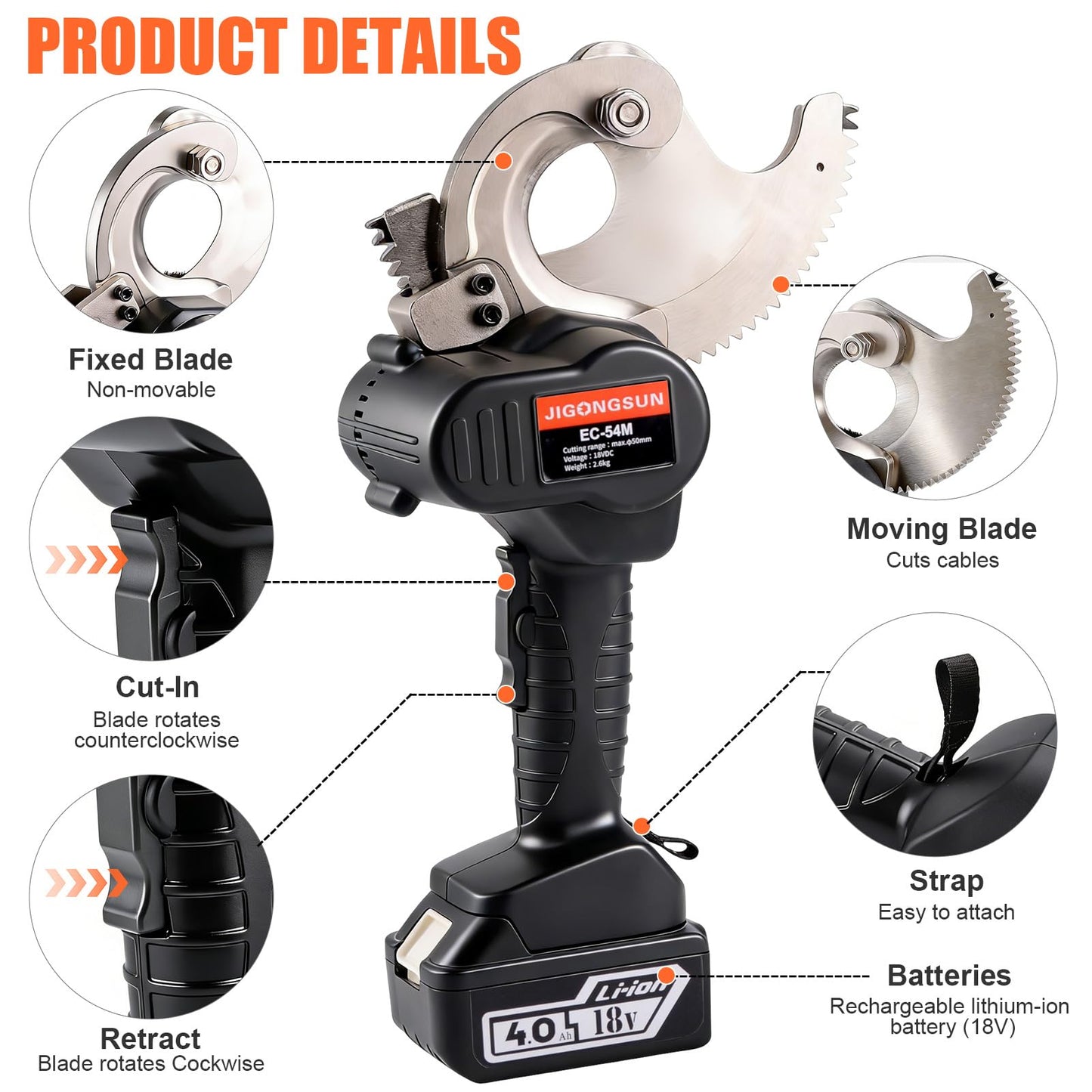 JIGONGSUN 18V Pro Battery Cable Cutter for 1000 MCM Copper / 1250 MCM Aluminum - Heavy Duty Ratcheting Wire Cutters with Alloy Steel Blades, Anti Slip Grip