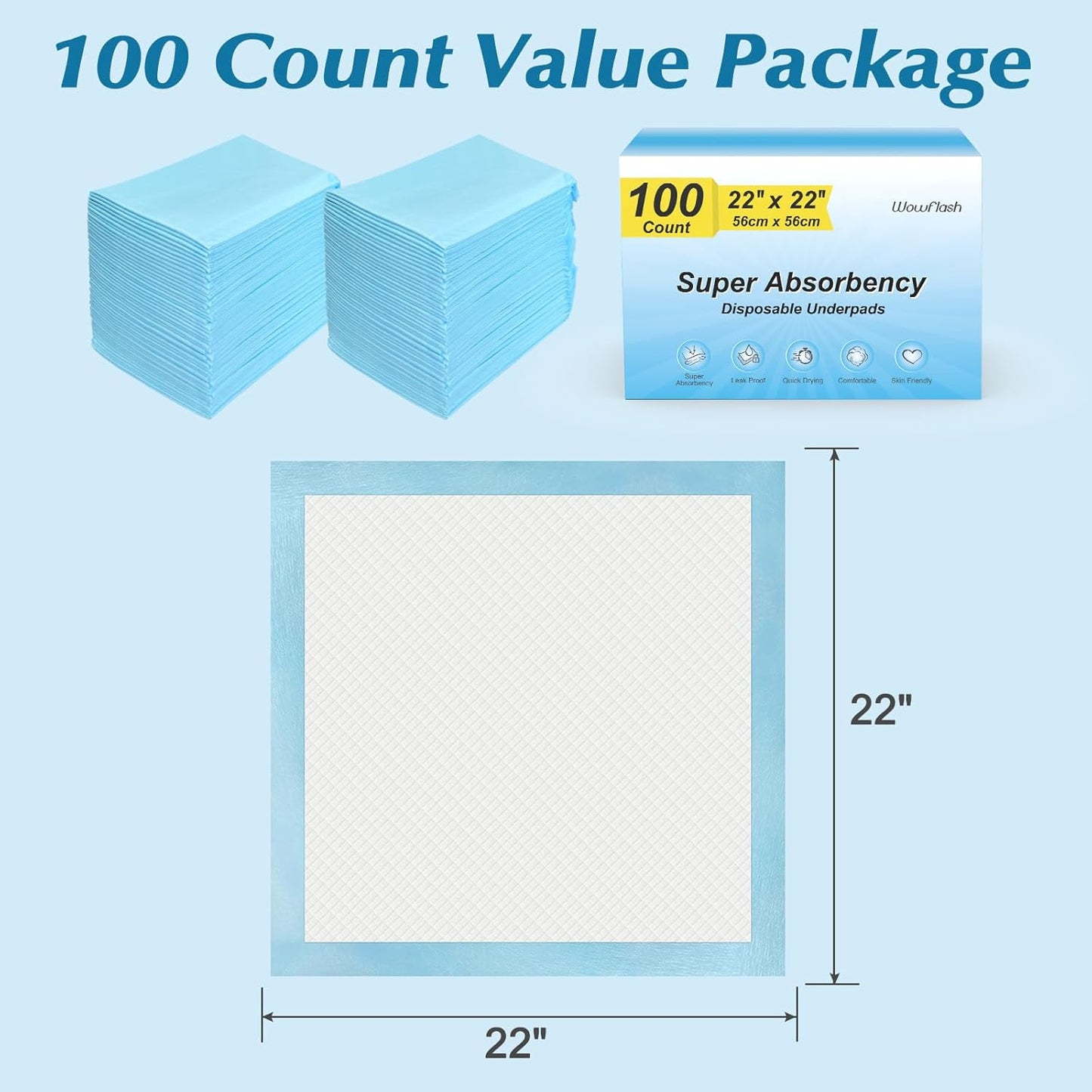 Skiennix Disposable Underpads - 100 Count, 22” x 22” Super Absorbent & Leakproof Pads for Babies, Puppies & Adults