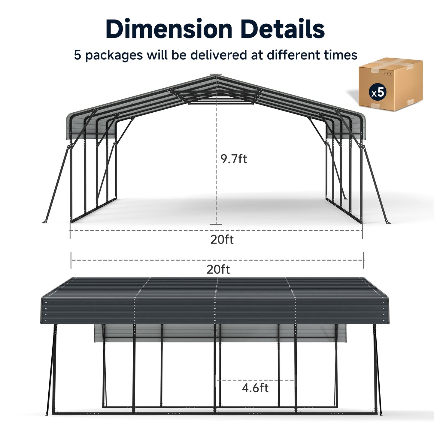 Heavy Duty Metal Carport, 20 x 20FT Outdoor Carport with Galvanized Steel Frame and Roof, Multi-Use Car Shelter for 2 Cars, Pickup, Tractors, Gray