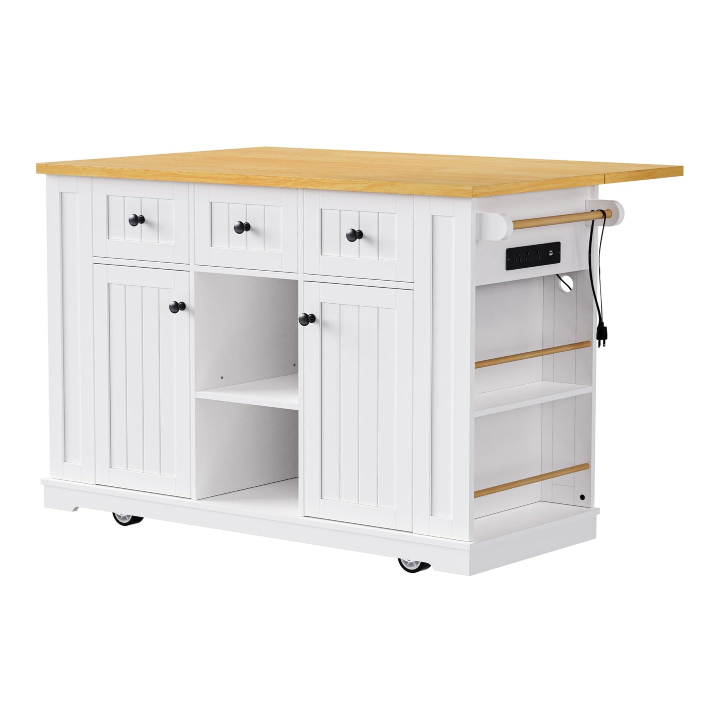Kitchen Storage Island on Wheels with Drop Leaf & Power Outlet, Rolling Kitchen Island Cart with Open Side Racks, Door Shelves and Towel Bar, 53-Inch, White