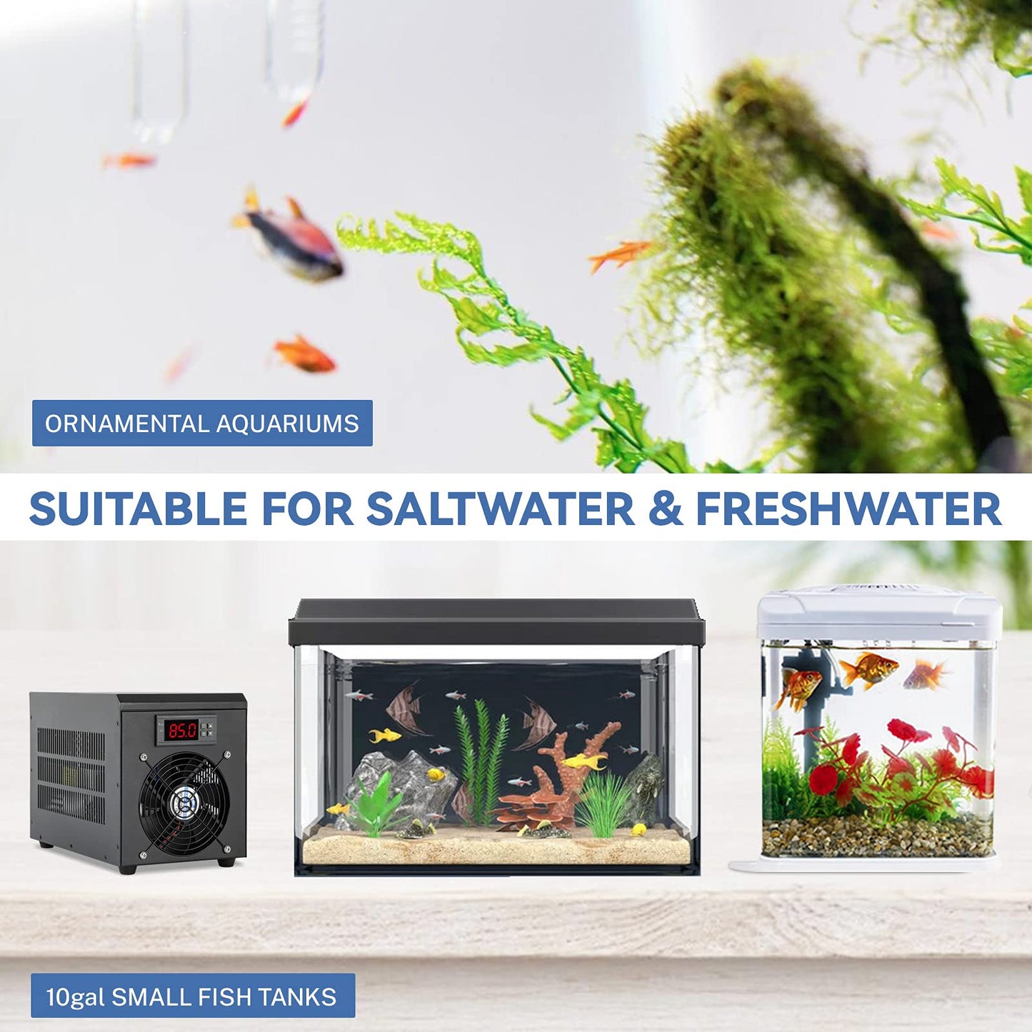 Poafamx 16Gal (60L) Aquarium Chiller, Small Water Chiller with Electronic Cooling, Quiet Fish Tank Cooler for Axolotl, Fish, Shrimp with Pump and Pipe 110V