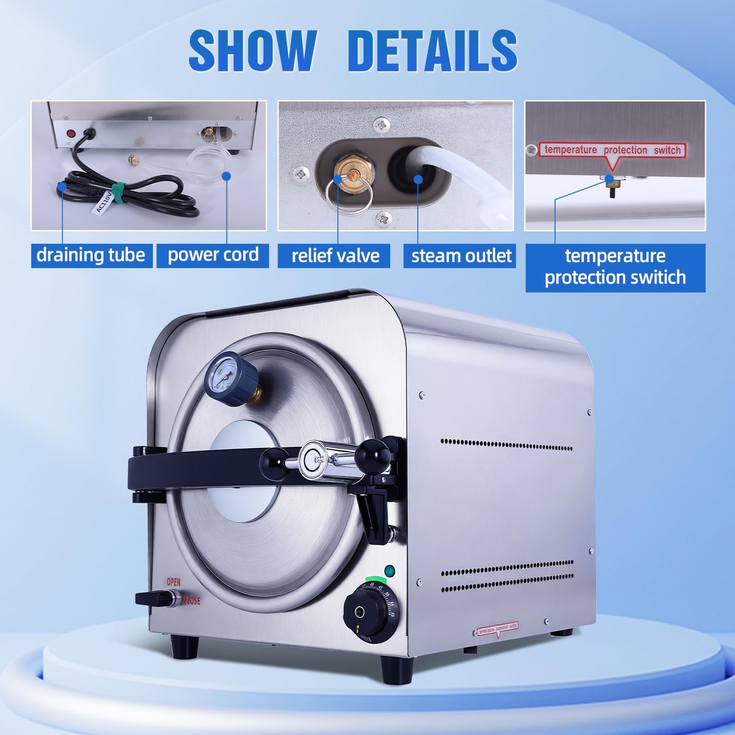 DACAT-RICHFU TR250E 14L Autoclave High Pressure Steam Machine for Dental Lab Salon 251.6°F Professional Stainless Steel Equipment with 3 Trays and Pressure Gauge 900W