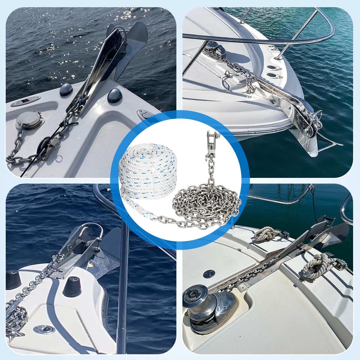 FUCNEN 1/2" Anchor Rope 200ft with 1/4" Anchor Chain 15ft and Swivel Connector Windlass Anchor Rode 316 Stainless Steel Short-Link Marine Chain with 3-Strand Nylon Rope