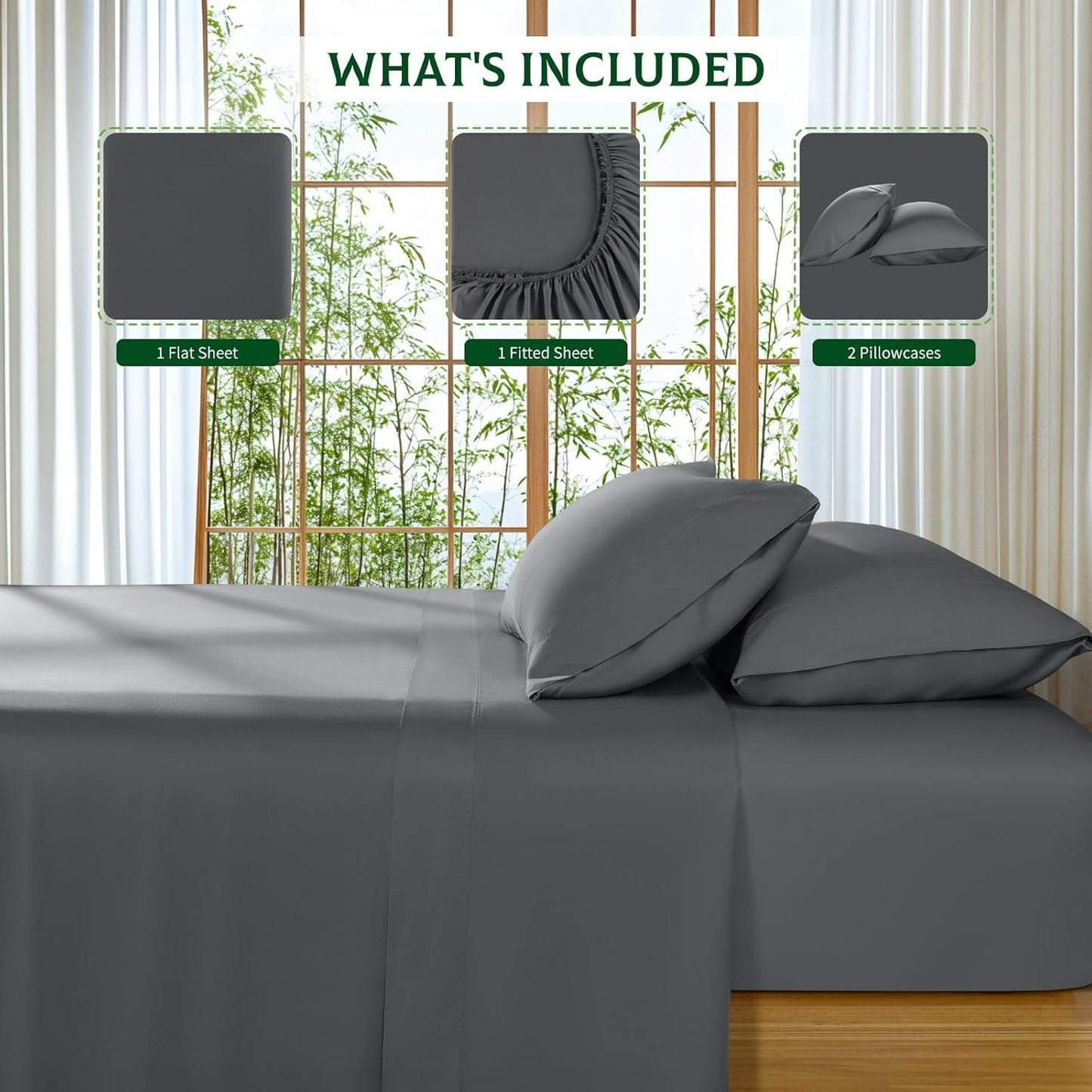 SONORO KATE Bamboo Viscose Bed Sheets - Ultra Soft & Cooling, Extra Deep Pocket (Dark Grey, Queen)