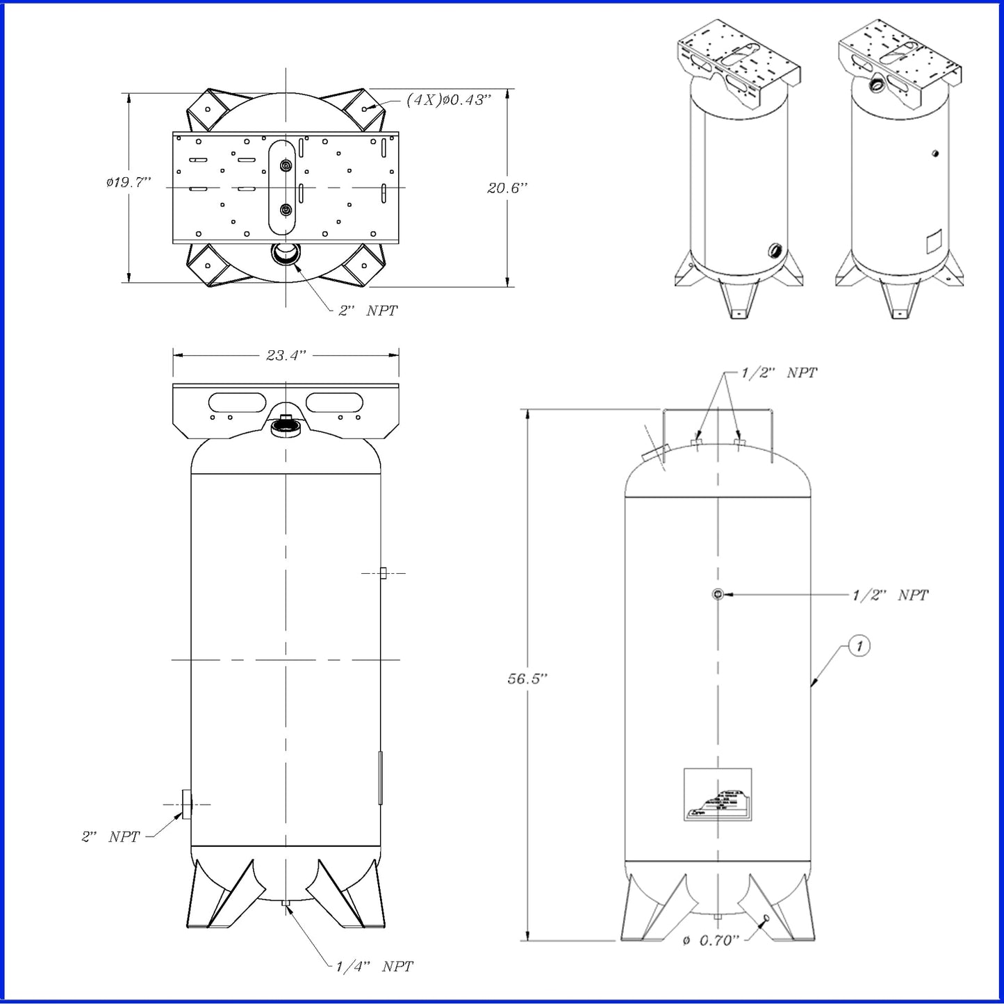 60000-T 60 Gallon Steel ASME Air Receiver