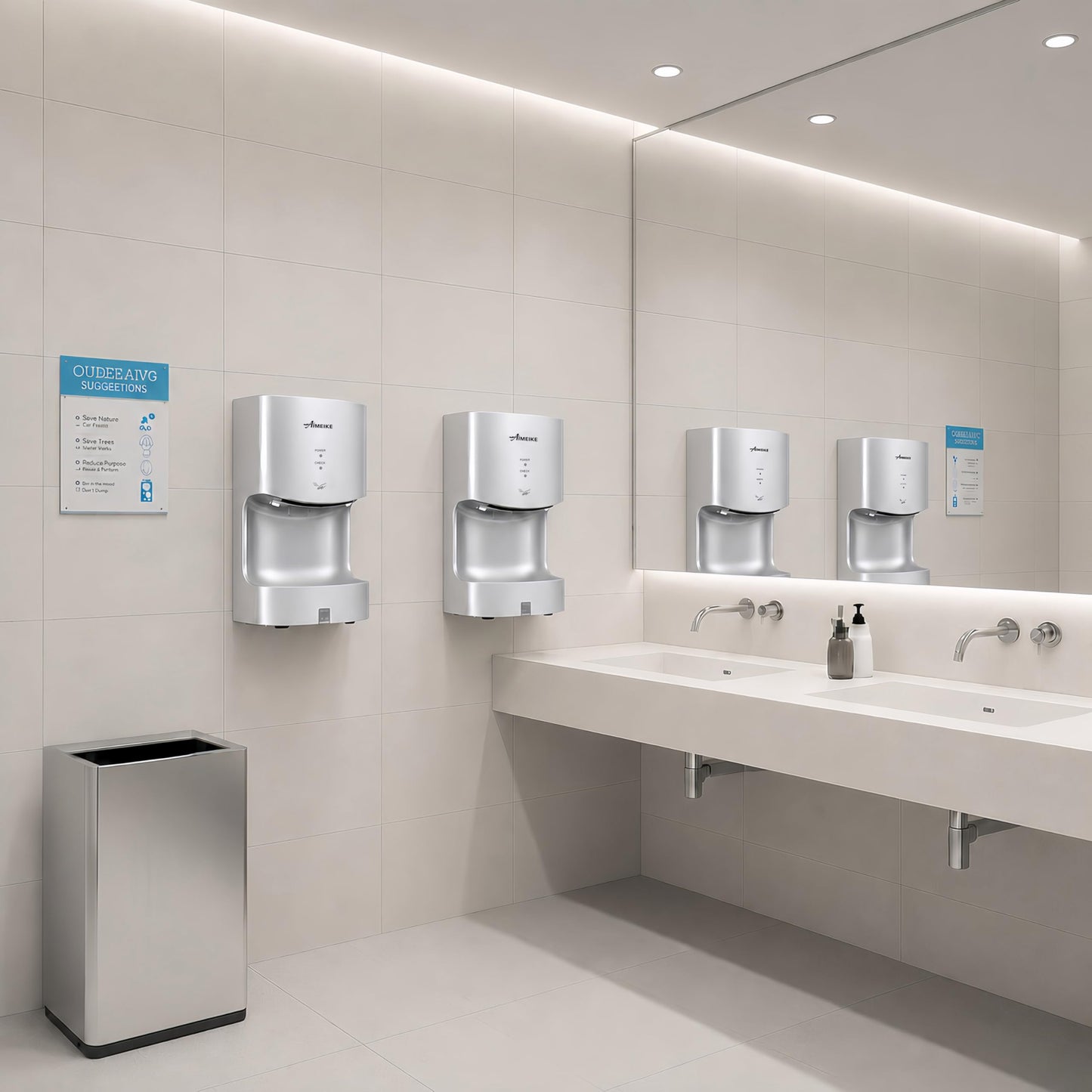 AIMEIKE Automatic Commercial Wall Mounted Hand Dryer with Drip Tray, Compact High Speed 110V 1300W, Adjustable Hot & Cold Air, Low Noise for Bathroom & High-Traffic Restrooms, Silver