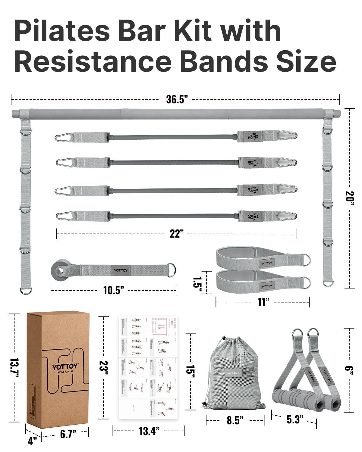 YOTTOY Pilates Bar Kit with Resistance Bands - 3-Bar Pilates Workout Equipment for Legs, Hips, Waist & Arms Workout, Portable Home Gym Exercise Equipment for Women & Men (Gray, 20/30lbs)