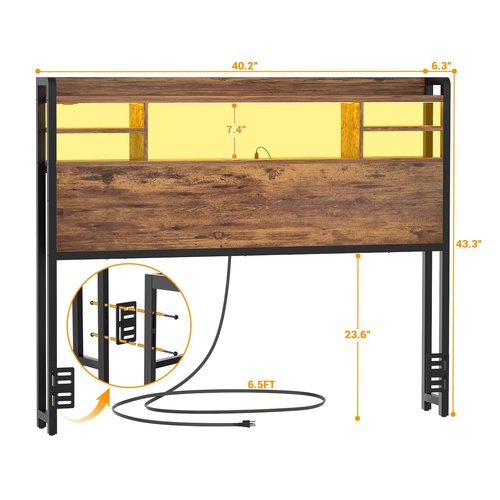 Aheaplus Headboard for Twin Size Bed with Storage, Headboards with LED Light, Power Outlets, USB Ports Twin Size Head Board, Wood headboard Only Sturdy and Stable Headboards, Rustic Brown