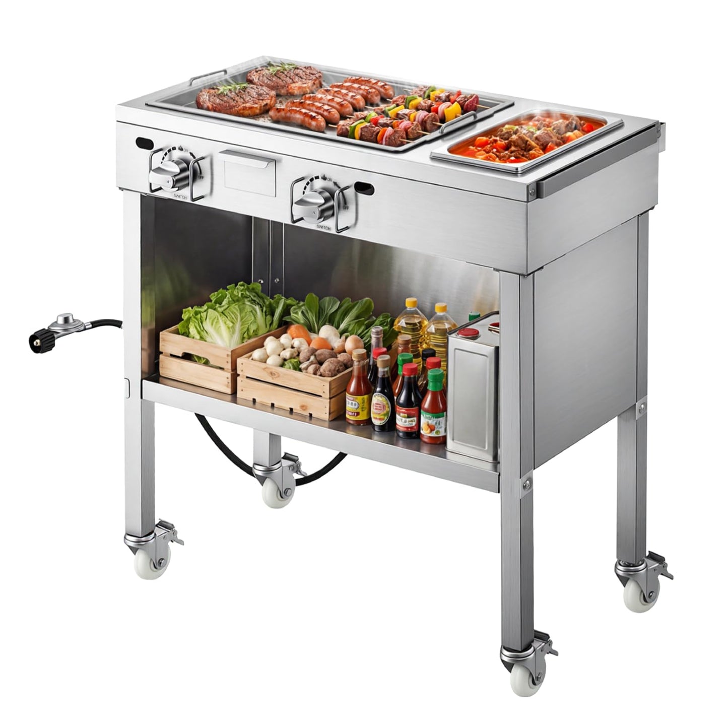 VEVOR Outdoor Propane Griddle, 2 Burners (11,600 BTU Each), Commercial Stainless Steel Gas Griddle Cart with 4 Lockable Wheels, 1/3 Food Pan, Easy-Grip Side Handle, Ideal for Hot Dogs, Burgers & Meats