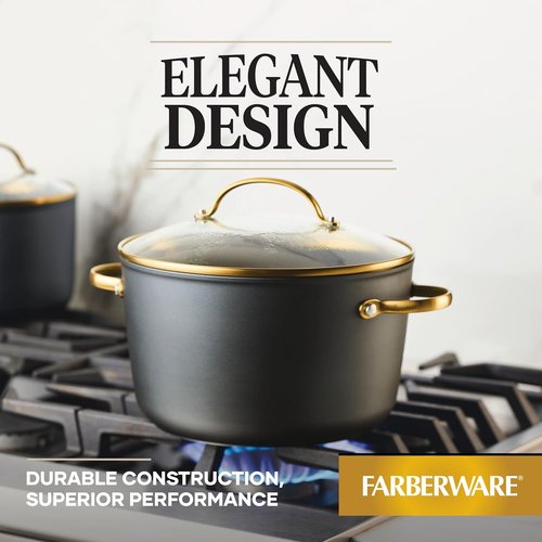Farberware Forged Induction Stockpot - 6 Quart Ceramic Nonstick Soup Pot with Lid | Dishwasher Safe, Black & Gold
