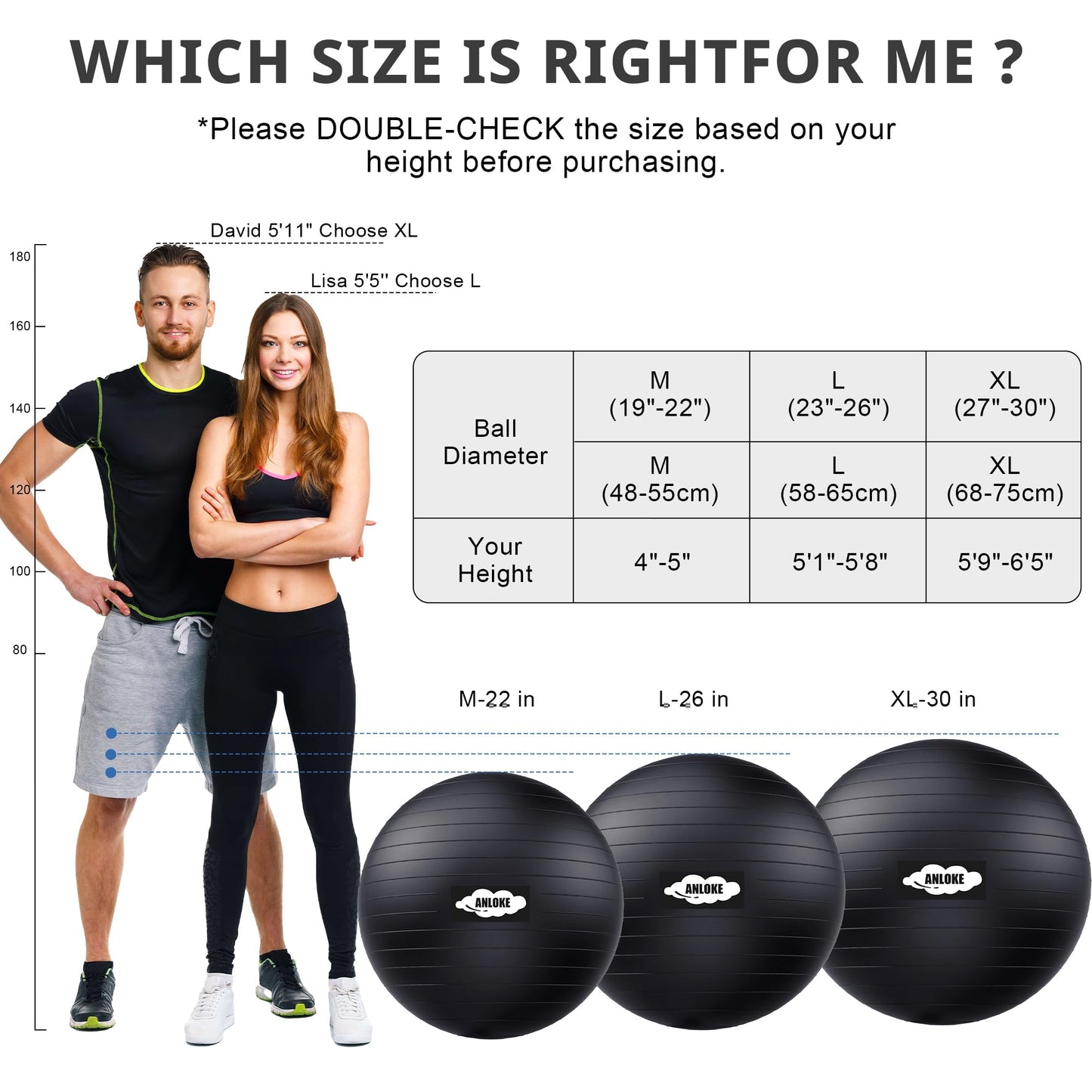Yoga Ball for Exercise Fitness & Balance, Anti-Burst Stability Ball Chair, Birthing Ball for Pregnancy -M (19"~22") 55cm, Black