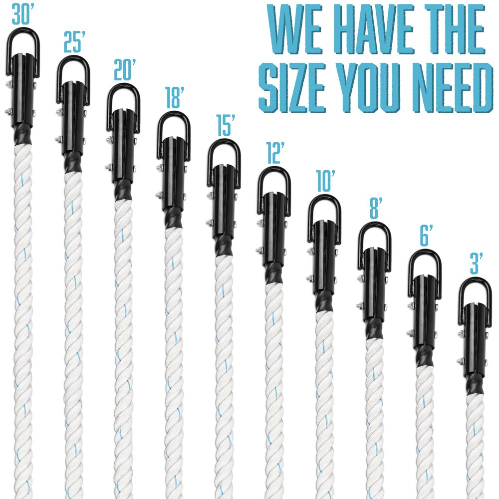 Crown Sporting Goods 1.5" Gym Climbing Rope for Adults (30-foot) - Poly Dacron Twist with Carabiner Eyehook - Strength Conditioning, Physical Education Fitness Equipment, Home Workout