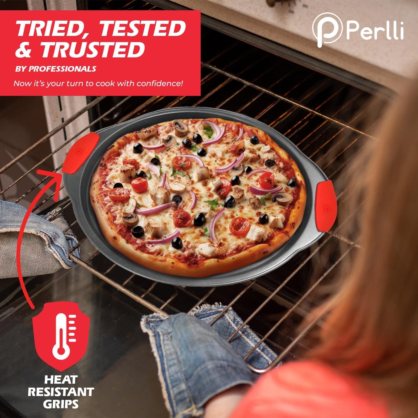 Perlli Non-Stick 17-Piece Baking Pan Set - BPA-Free Carbon Steel Bakeware with Silicone Handles | Oven Safe Up to 446°F