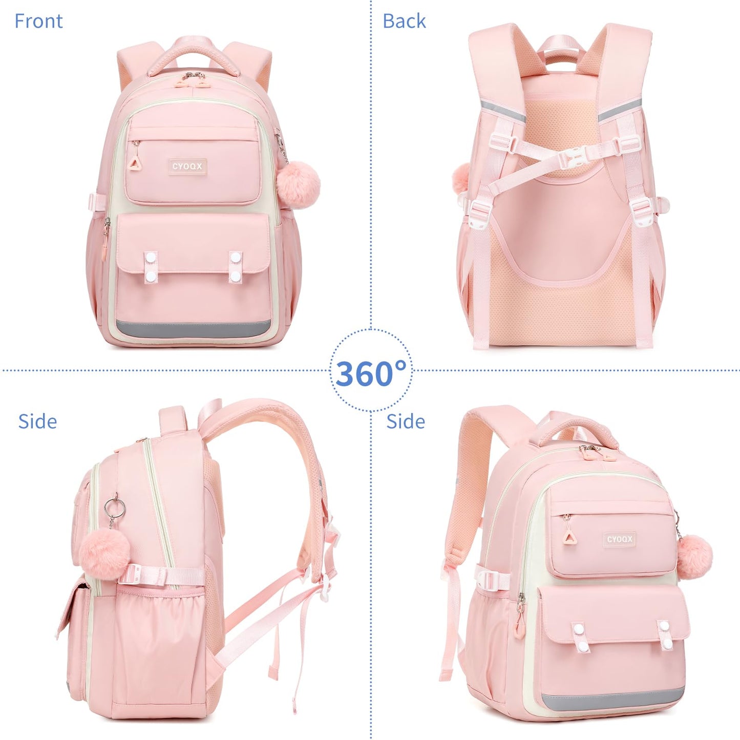 CYOQX School Backpack for Girls Cute Backpack Elementary Middle School High School Teenage Girls Schoolbag (Pink)
