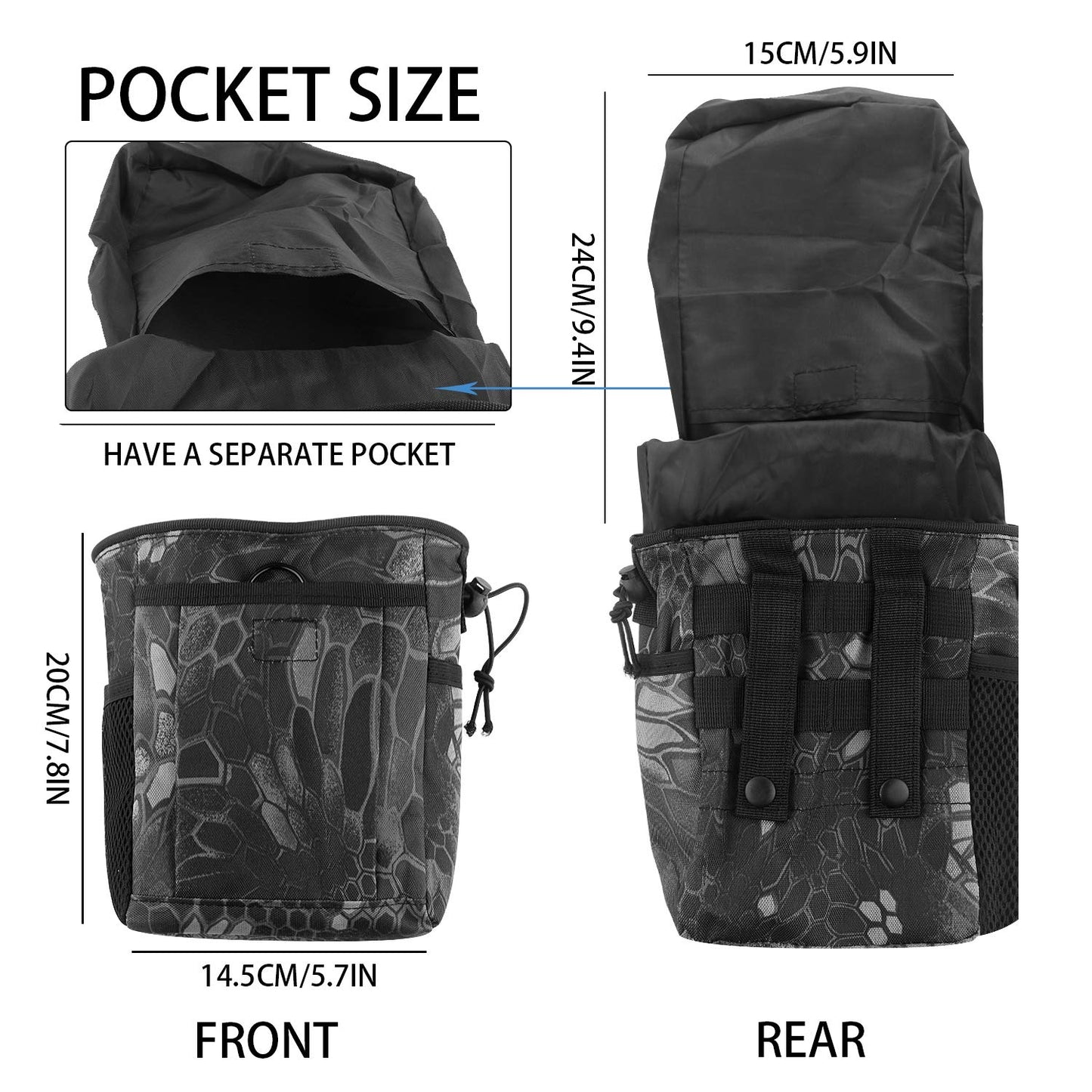 Drawstring Highend Rock Climbing Chalk Bag with a Carabiner Different Pockets for Climbing Bouldering, Gymnastics, Gym Pouch, Cross Fit and Lifting 1pcs (Black Camouflage)