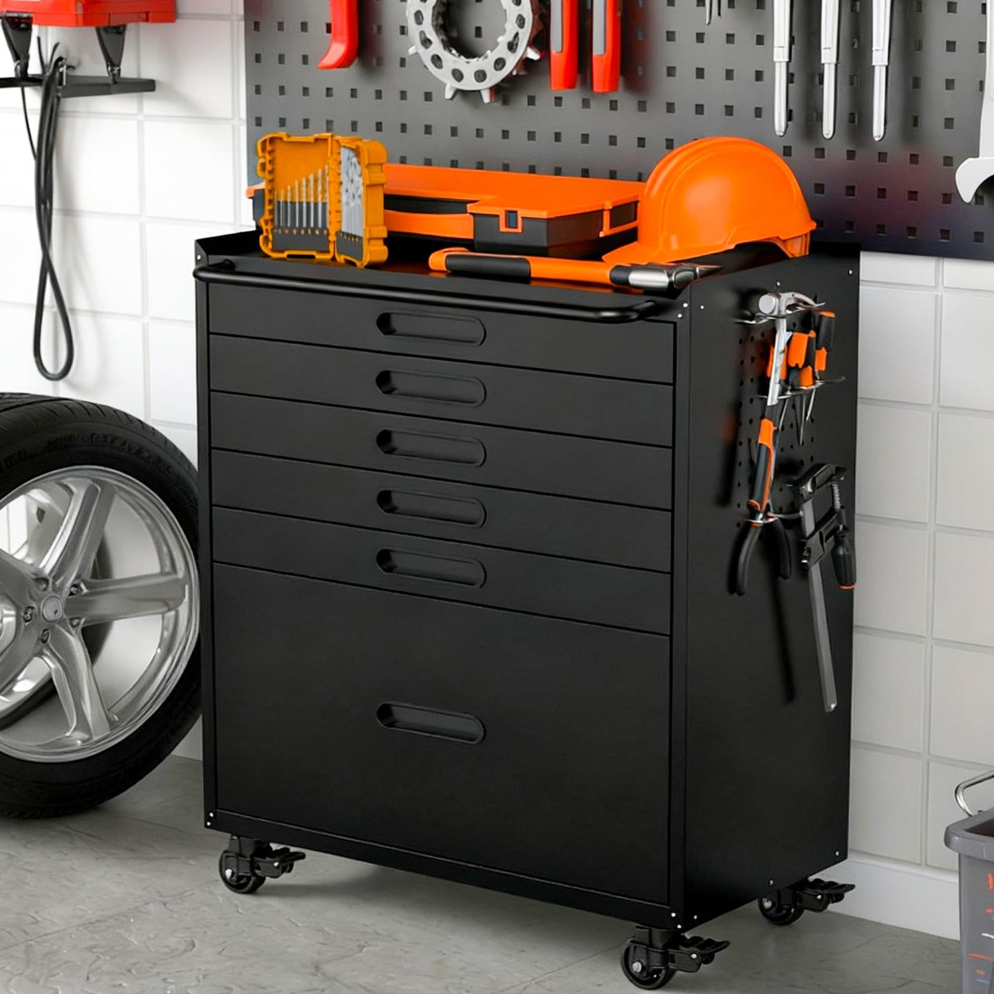 VIYET Garage Storage Cabinet,6 Drawer Metal Rolling Tool Cabinet with 2 Pegboard and 10 Hook,Heavy Duty Mechanics Tool Chest Storage for Workshop, Basement,Warehouse,Include Workbench Liner,Black