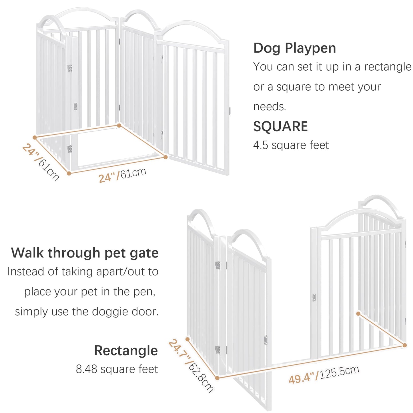 BHG Metal No-Assembly Freestanding Dog Gate with Door Walk Through, Extra Wide 96", Extra Tall 32" Pet Gate, Accordion Puppy Folding Playpen Dog Fence for Indoor & Outdoor, with 2PCS Support - White