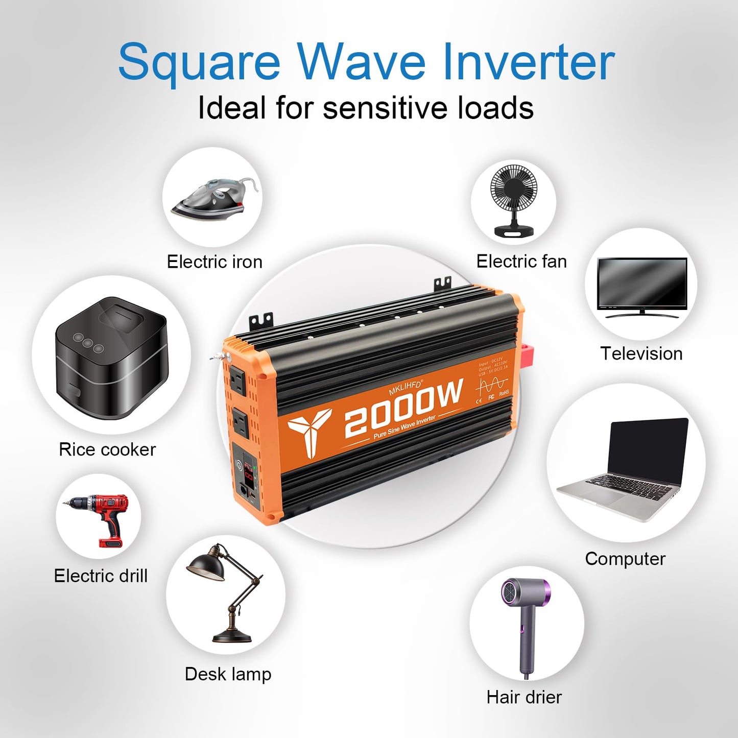 MKLIHFD 2000 watt Pure sine Wave car Inverter 12V DC to 120V AC, 4000W Surge Peak Power, Inverter for RV, Truck, Solar, Campers with 2 AC Outlet, Remote Control Compatible with Lithium Battery