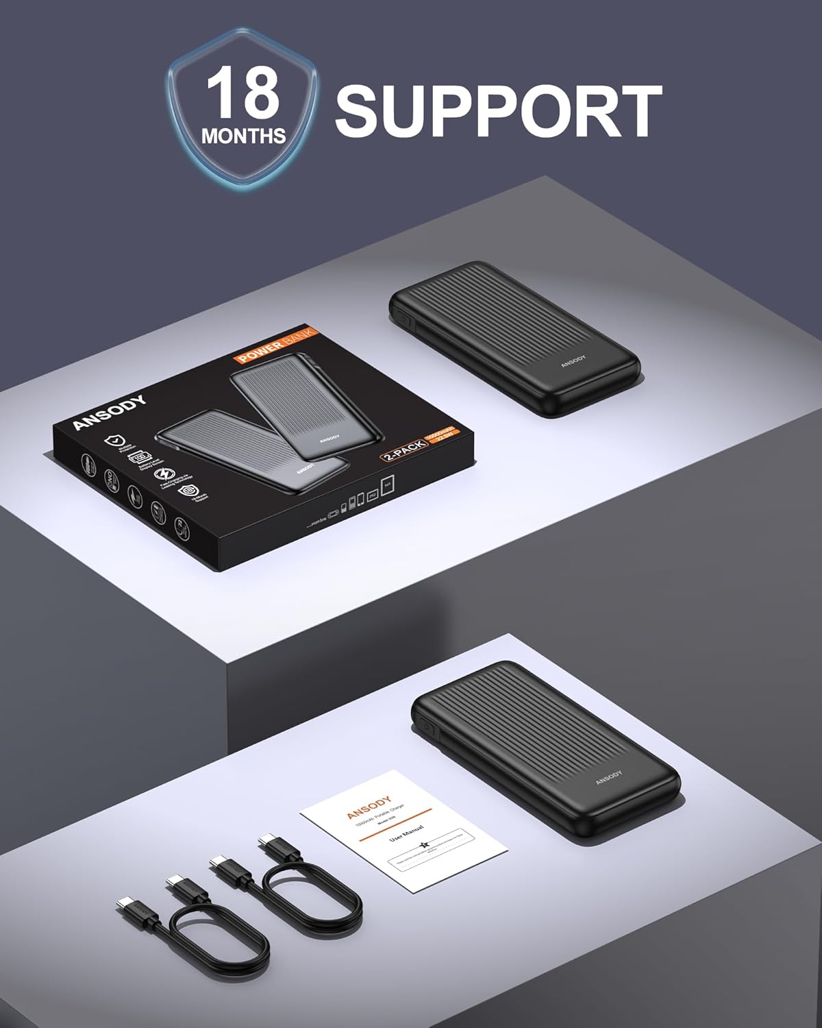 Ansody 2-Pack 10000mAh 22.5W 2 2 Pack Portable Charger, Slim USB C Power Bank Fast Charging with Outputs & Inputs