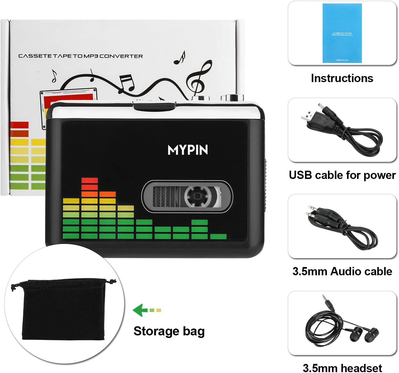 Cassette MP3 Cassette Tape-to-MP3 USB to Converter, Portable Walkman Audio Music Player Converter with Earphones