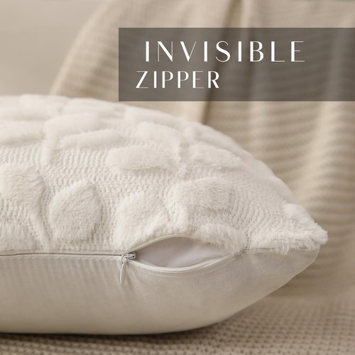 DFXSZ Spring Pillow Covers 18x18 inch Set of 2 Farmhouse Decor Cream White Eucalyptus Leaves Soft Plush Faux Fur Jacquard Spring Summer Throw Pillows for Bedroom Sofa Home Decor PTK023A18