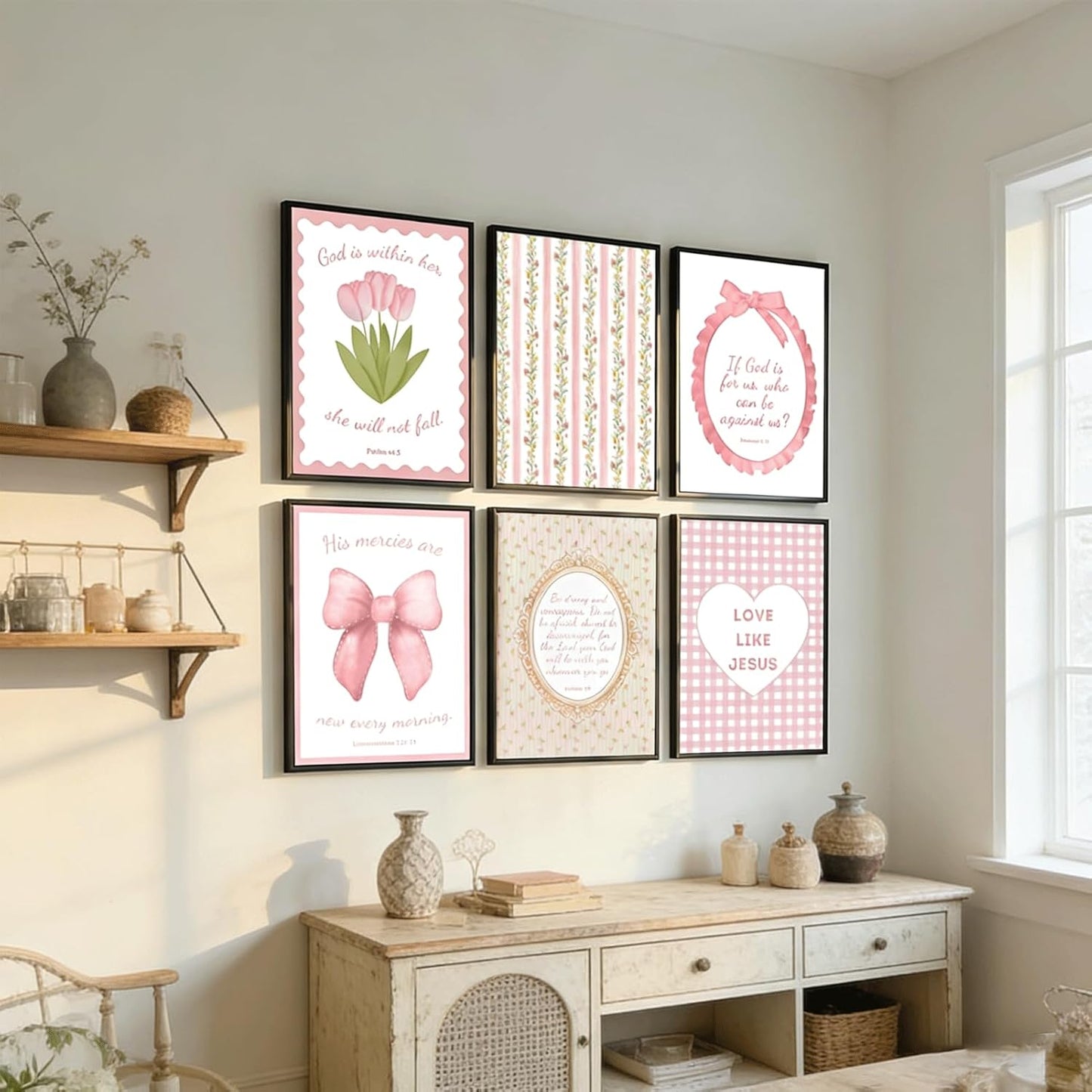 Skiennix 6Pcs Pink Bible Verses Wall Art - Trendy Floral Scripture Prints for Girls' Room | 8x10in Unframed