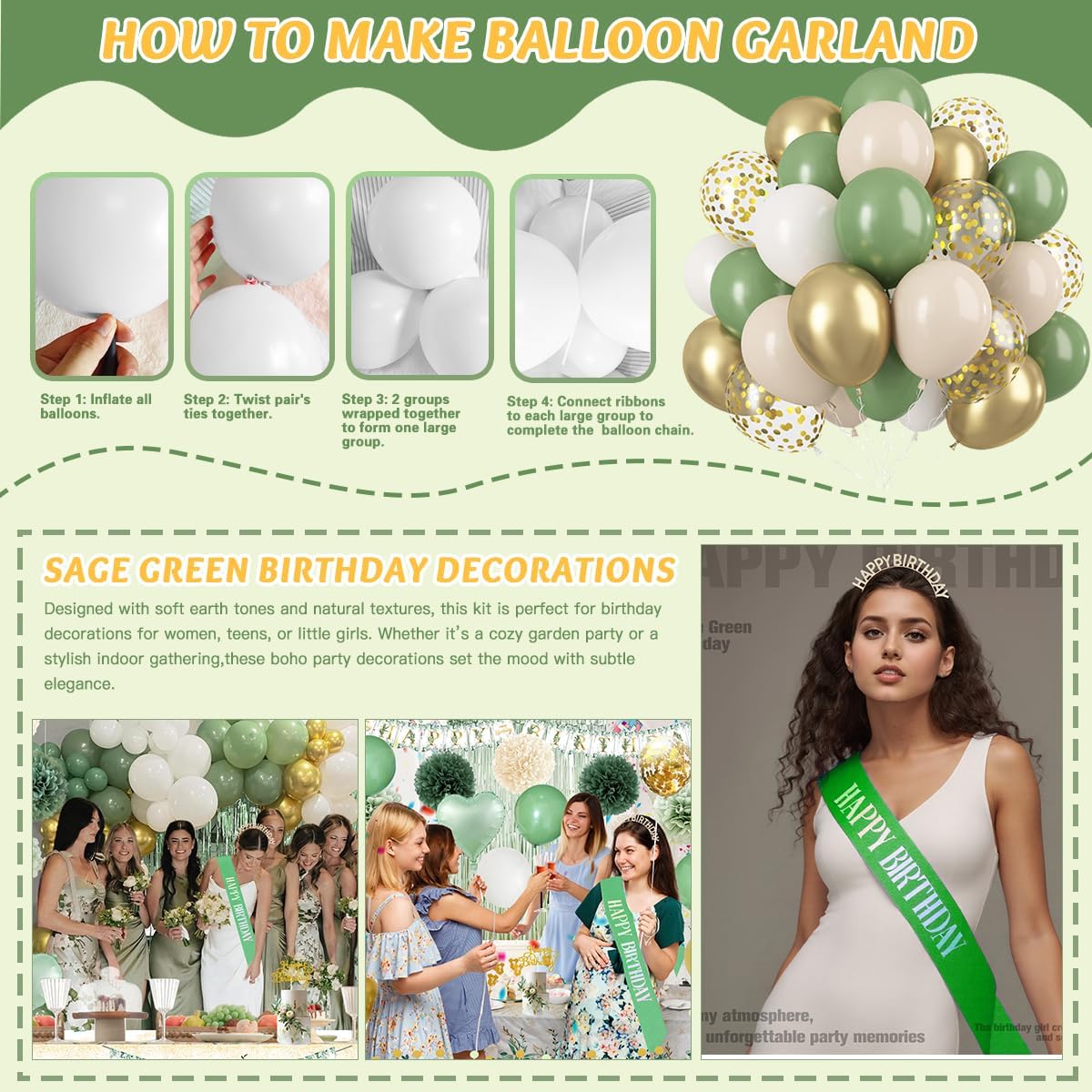 Sage Green Birthday Decorations Set - Balloons, Banner, Pom Poms & Crown for Boho Parties
