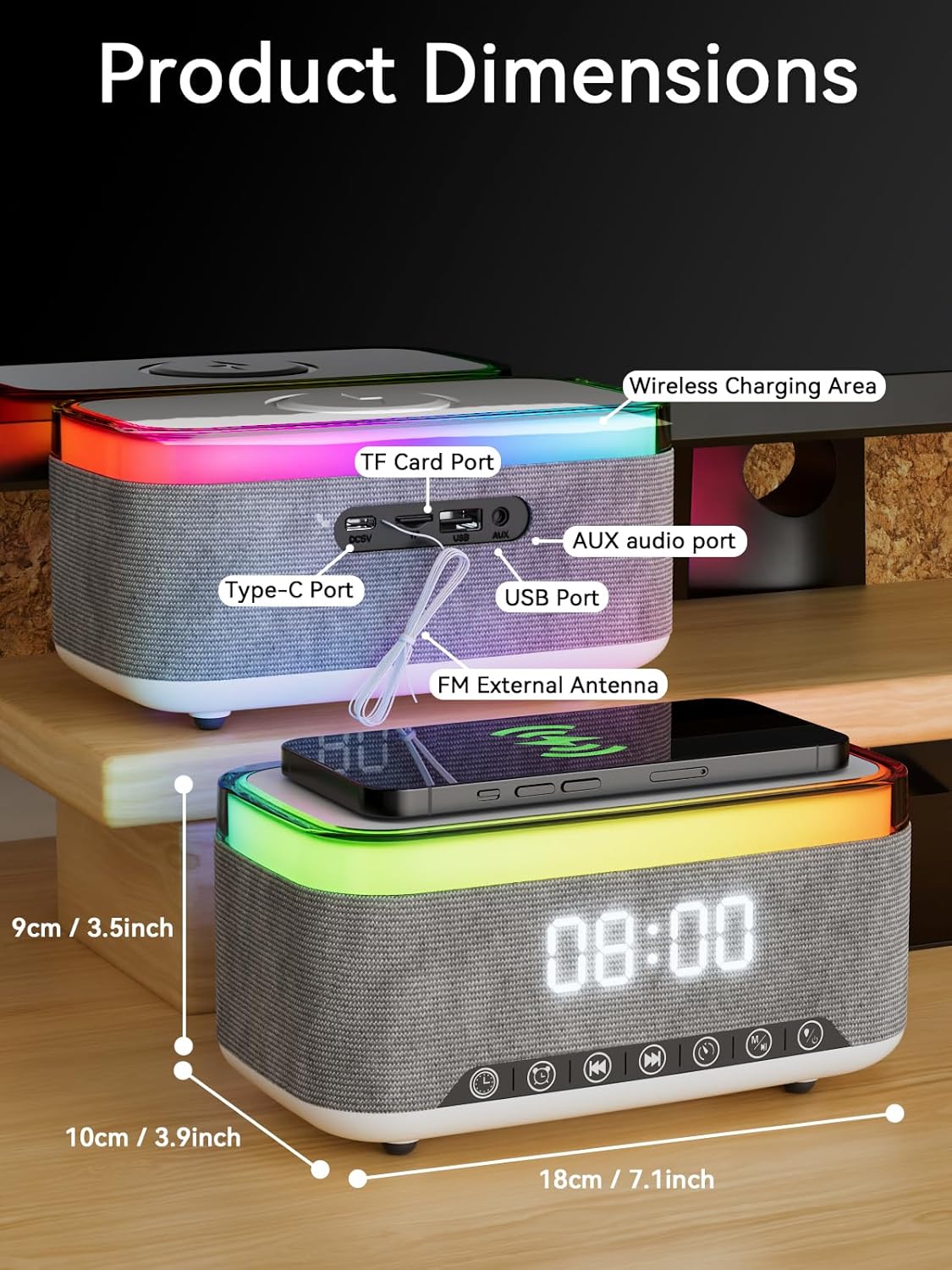 Reatsoc 10w 10W 12-Color Alarm Clock Bluetooth Speaker with Fast Wireless Charger for iPhone Samsung, Stereo Bluetooth