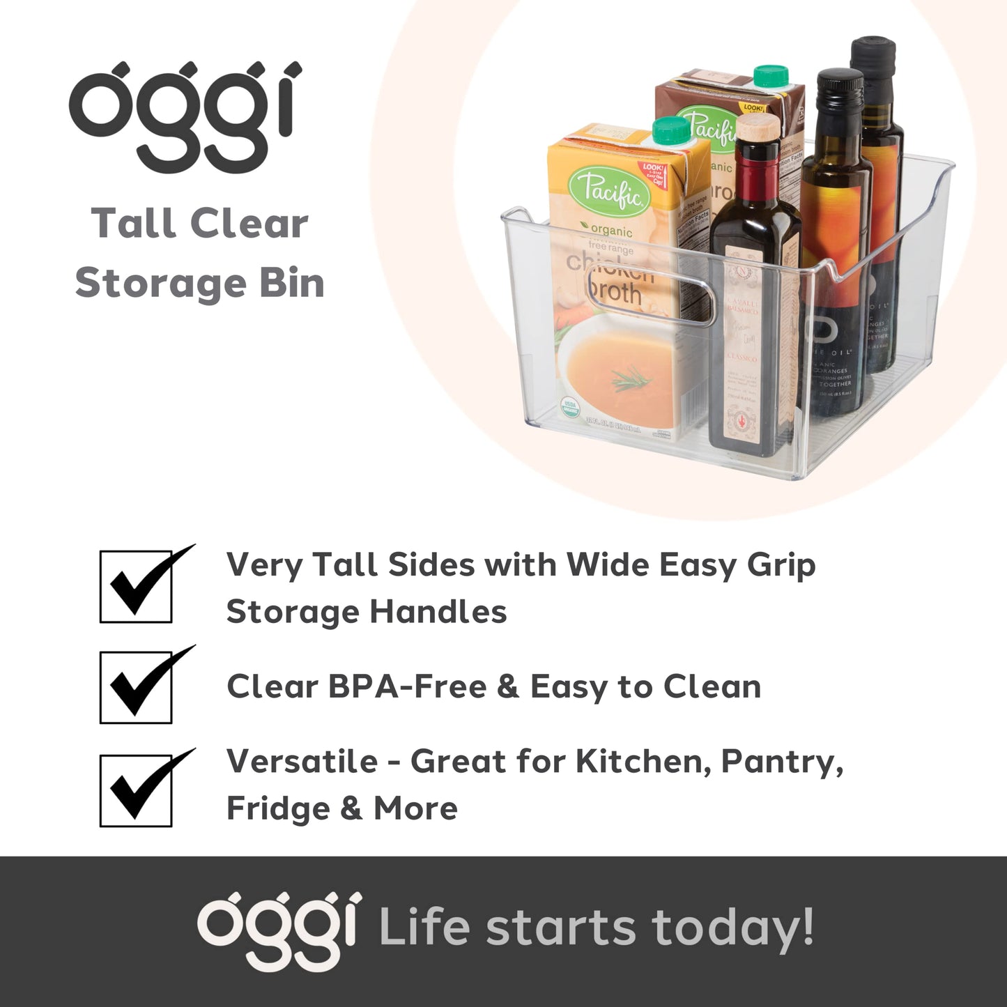 Oggi Storage Bin With Handles - Deep (9.75" x 9" x 6") - Ideal for Kitchen Organization, Pantry Storage, Fridge Organizing, Clear