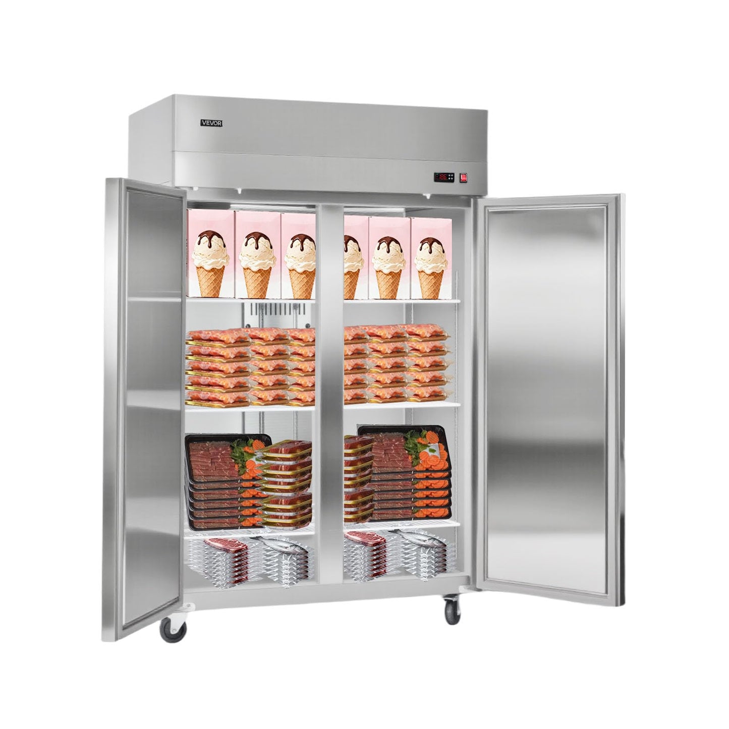 VEVOR Commercial Reach-In Freezer 48" W, 33 Cu.Ft Stainless Steel Upright Freezer with Double Glass Doors, Auto-Defrost, 6 Adjustable Shelves, -11 to 14℉ Temp Control, UL Certified