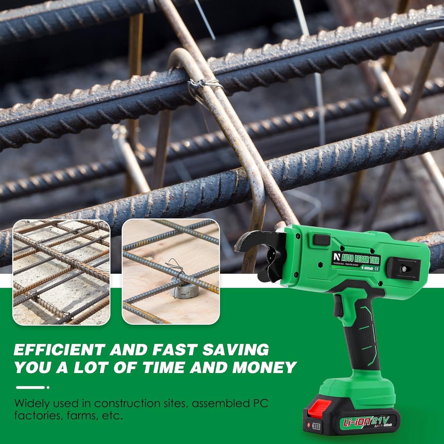 NEWTRY Cordless Rebar Tying Gun with 2x2000mAh Batteries, Automatic Rebar Tier Tool for 0.3" to 1.33" (7-34mm) Steel Rebar, Portable Electric Rebar Tie Tool