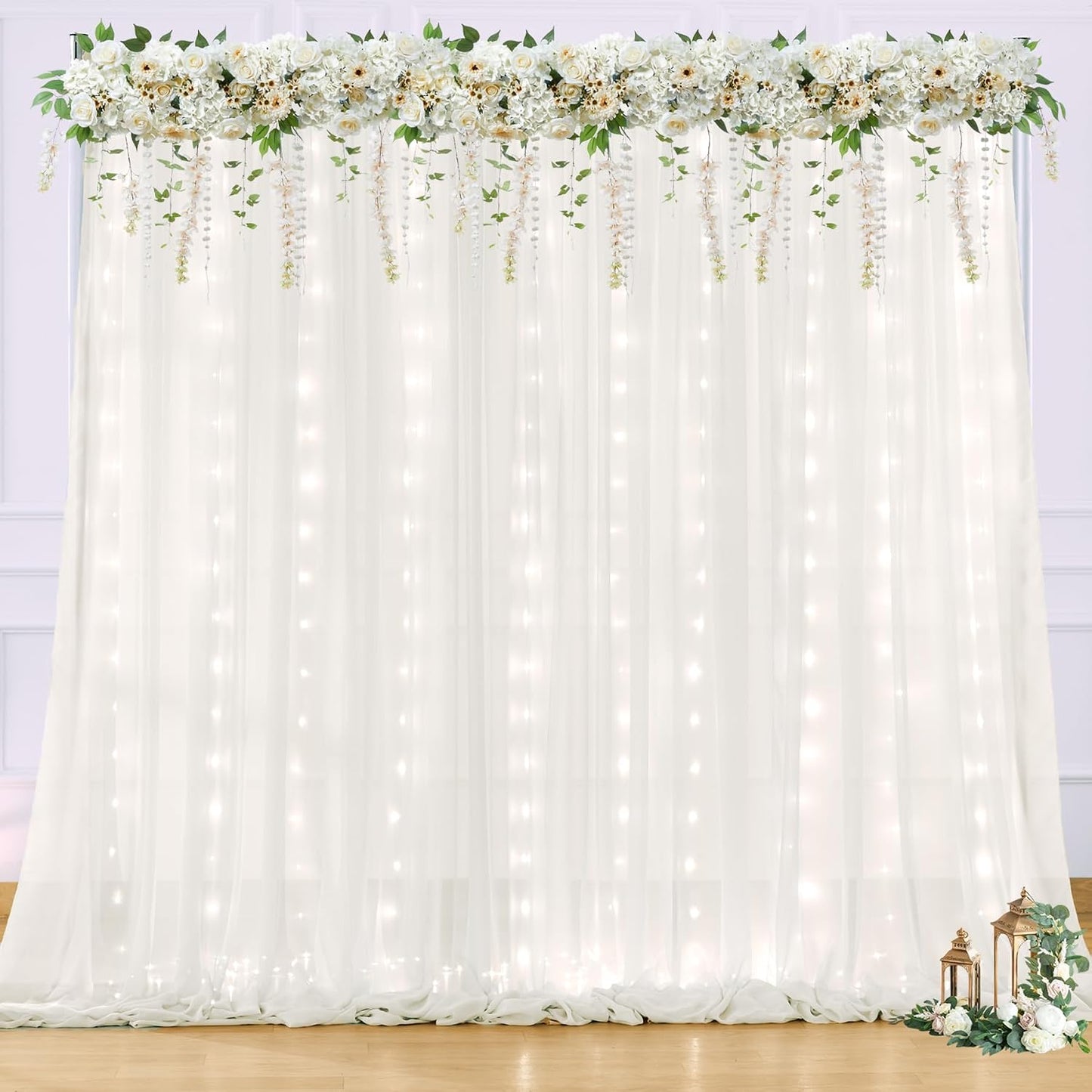 Shillance 10x10ft Cream White Chiffon Backdrop Curtain with Lights String for Wedding Sheer Tulle Curtain Photo