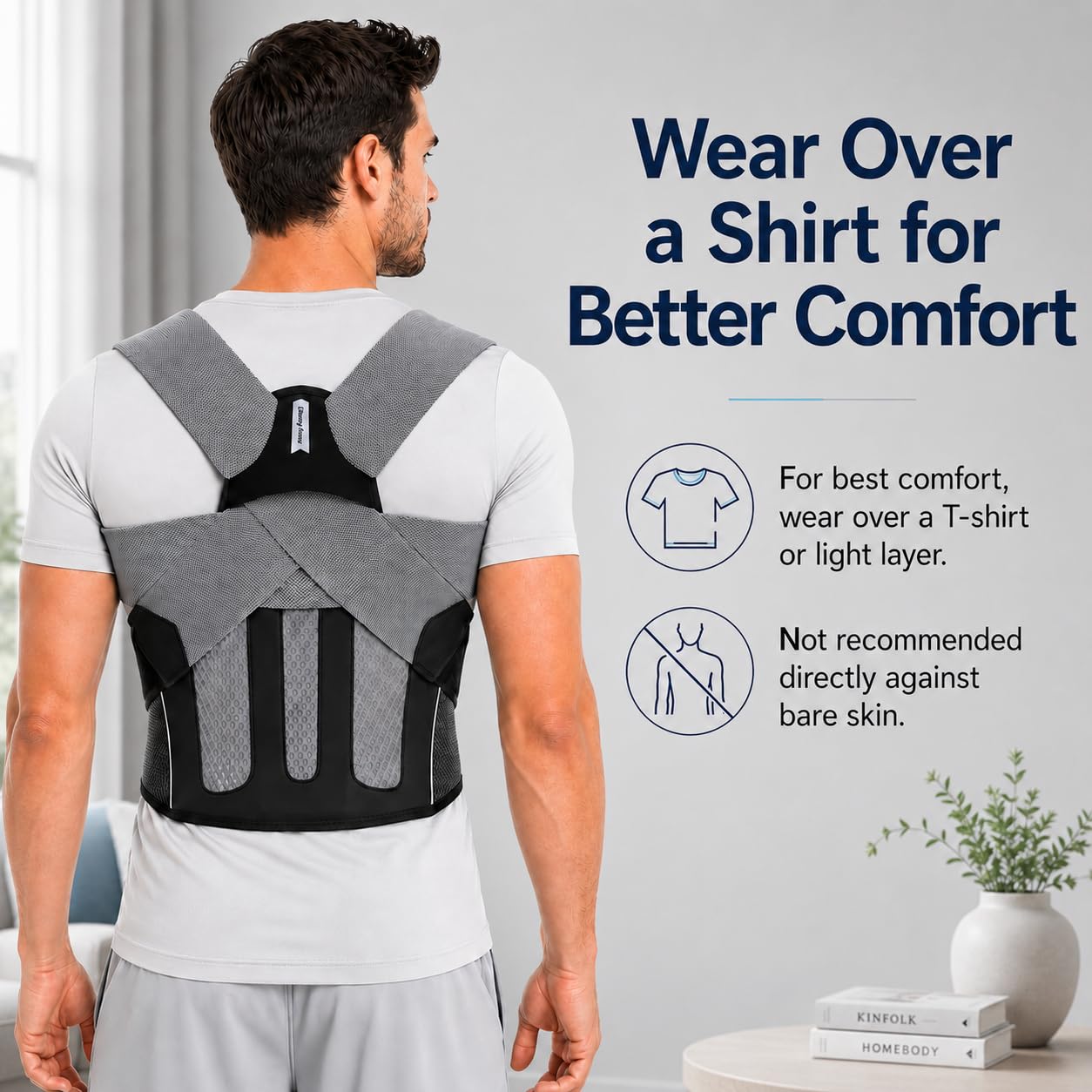 Posture Corrector for Men, Adjustable Upper Back Brace with Breathable Mesh Back, 4 Flexible Support Stays & Underarm Fit Adjustment, Back Straightener Helps Reduce Slouching Strain for Desk Work, Sitting, Reading & Posture Training