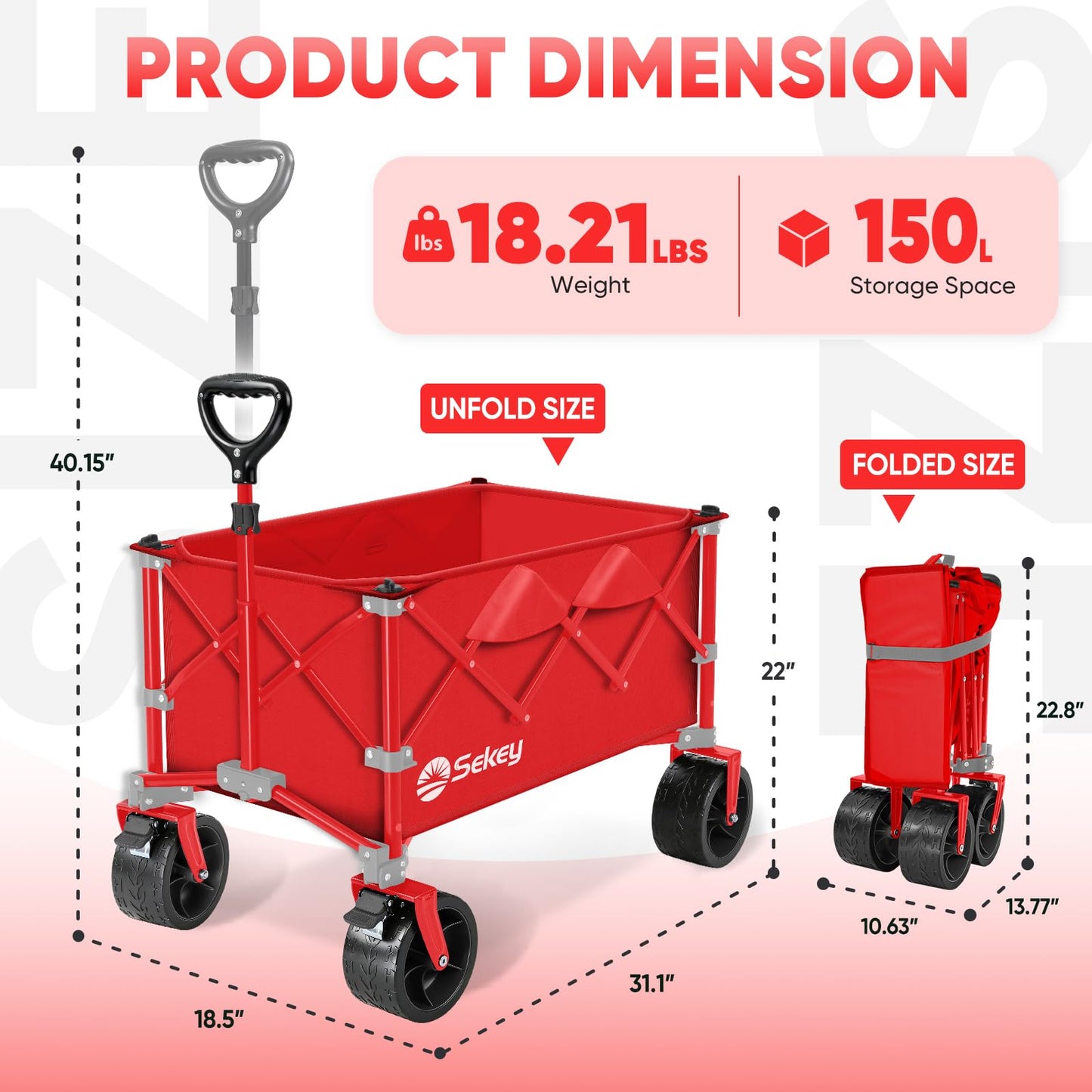 Sekey 150L Wagons Carts Foldable with Big All-Terrian Beach Wheels, Collapsible Heavy Duty Wagon, Extra Large Folding Wagon, Foldable Wagon for Camping, Garden, Sports. Red