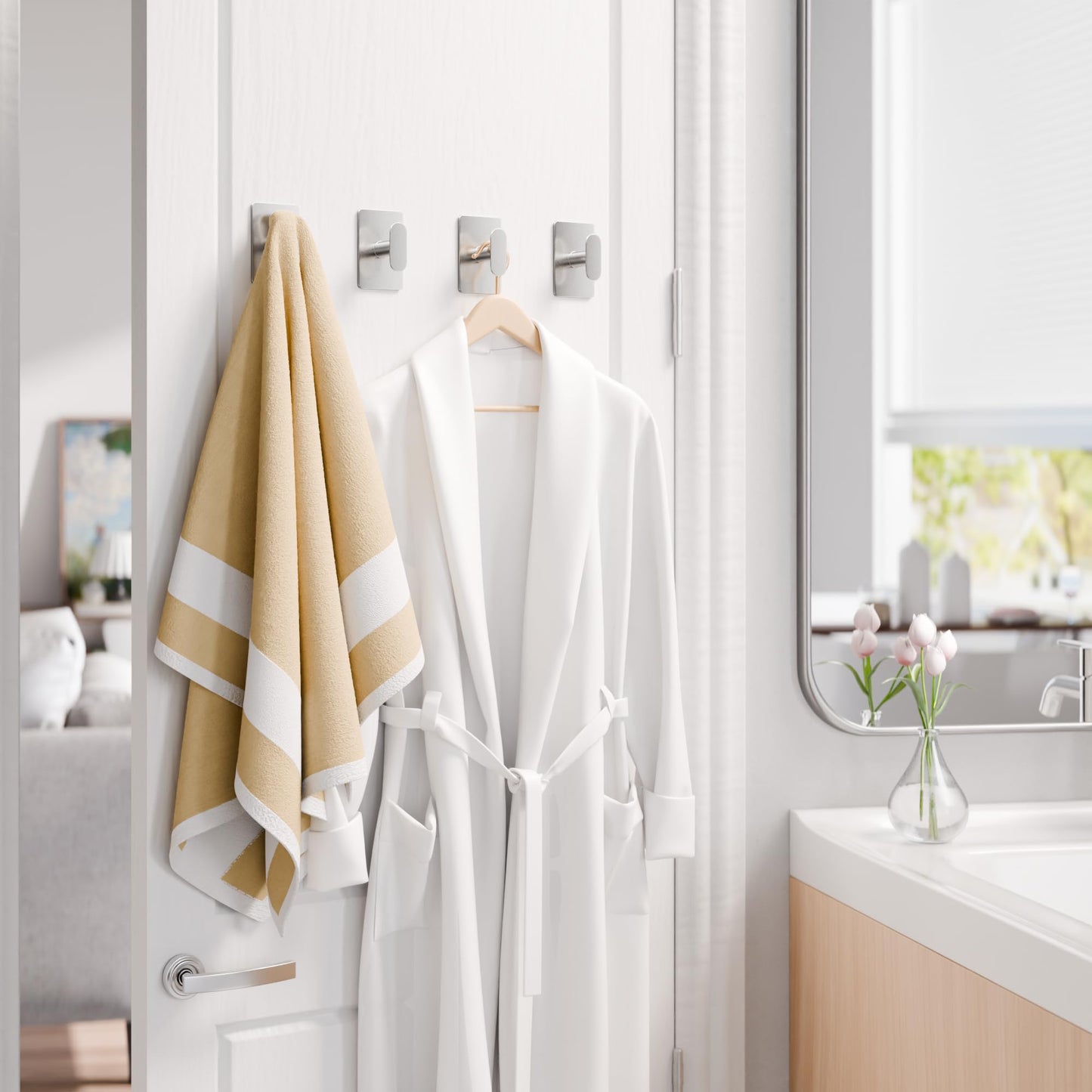 pickpiff Adhesive Towel Hooks for Bathroom: 20LB Extra Strong Wall Hanger for Shower Kitchen RV Dorm Apartment, Silver 4 Pack