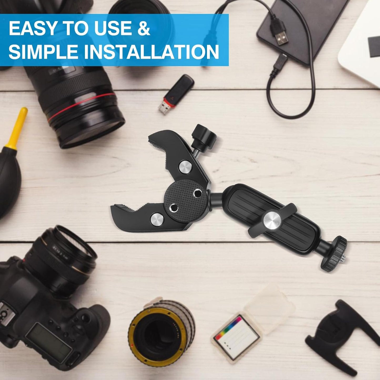 XIEACHUR 1/4 Inch Super Clamp Camera Mount Double Ball Head Magic Arm with Threads Universal Mount for Monitor Light