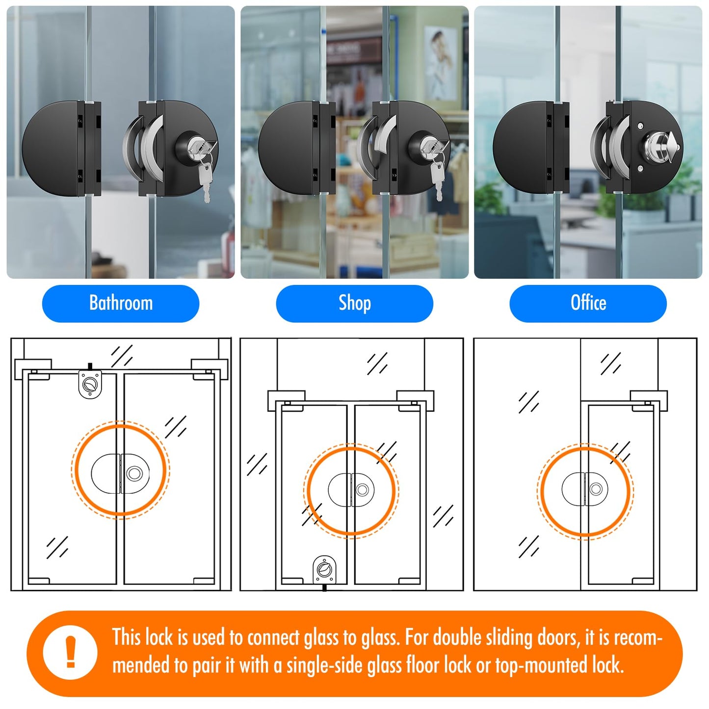 Ranbo Frameless Double-Sided Glass Door Lock,Clamp-On No-Drill,304 Stainless Steel,for 3/8"–1/2"(10–12mm) Sliding Door—for Office,Storefront,3 Keys,Matte Black—Double Swing Door Floor Lock Required