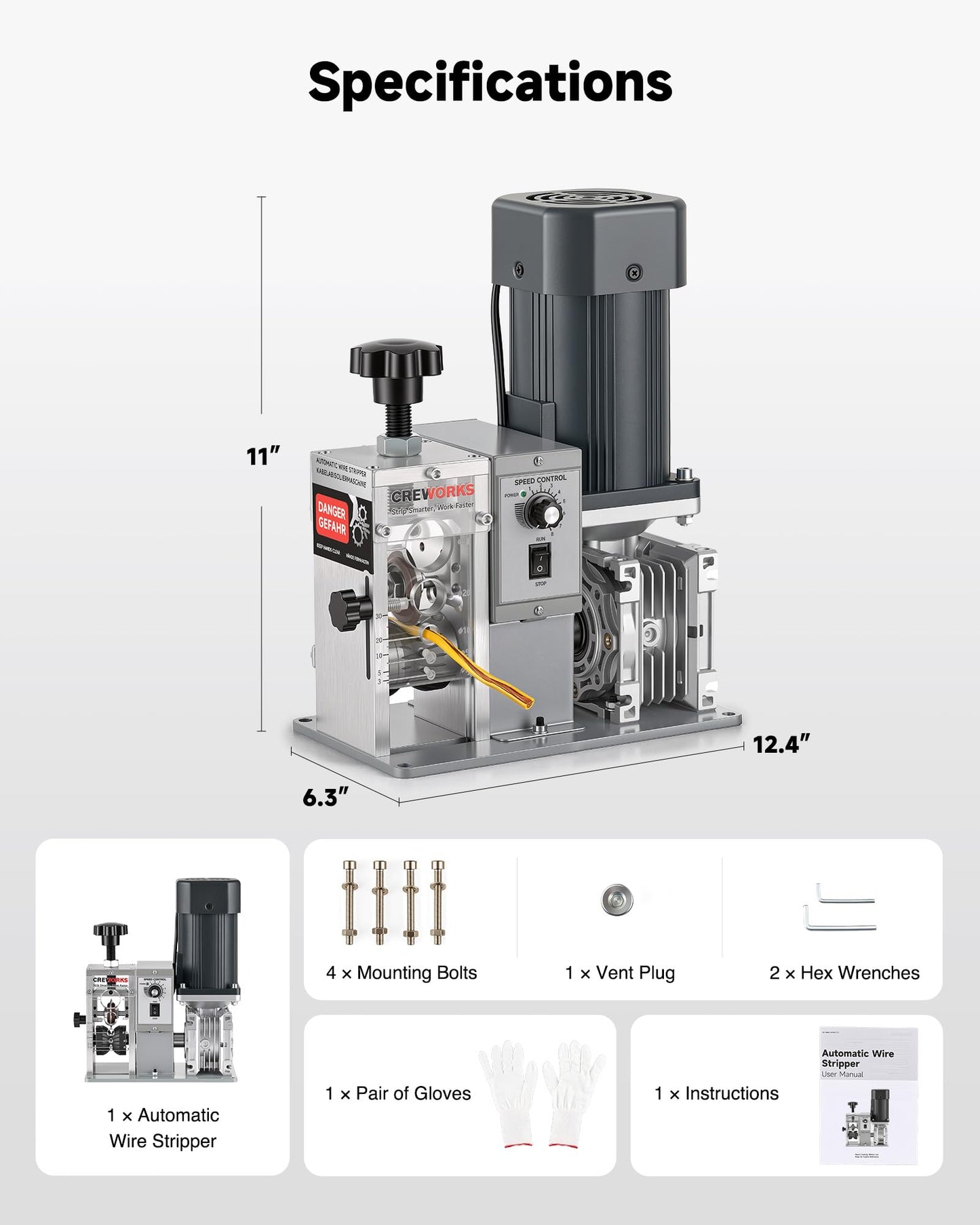 CREWORKS 250W Automatic Wire Stripper Machine, Electric Wire Stripping Machine with Adjustable Speed for 0.06-1.18 in. Cables, Wire Stripping Tool for 1.5 to 30 mm Scrap Copper Cable Wire Recycling