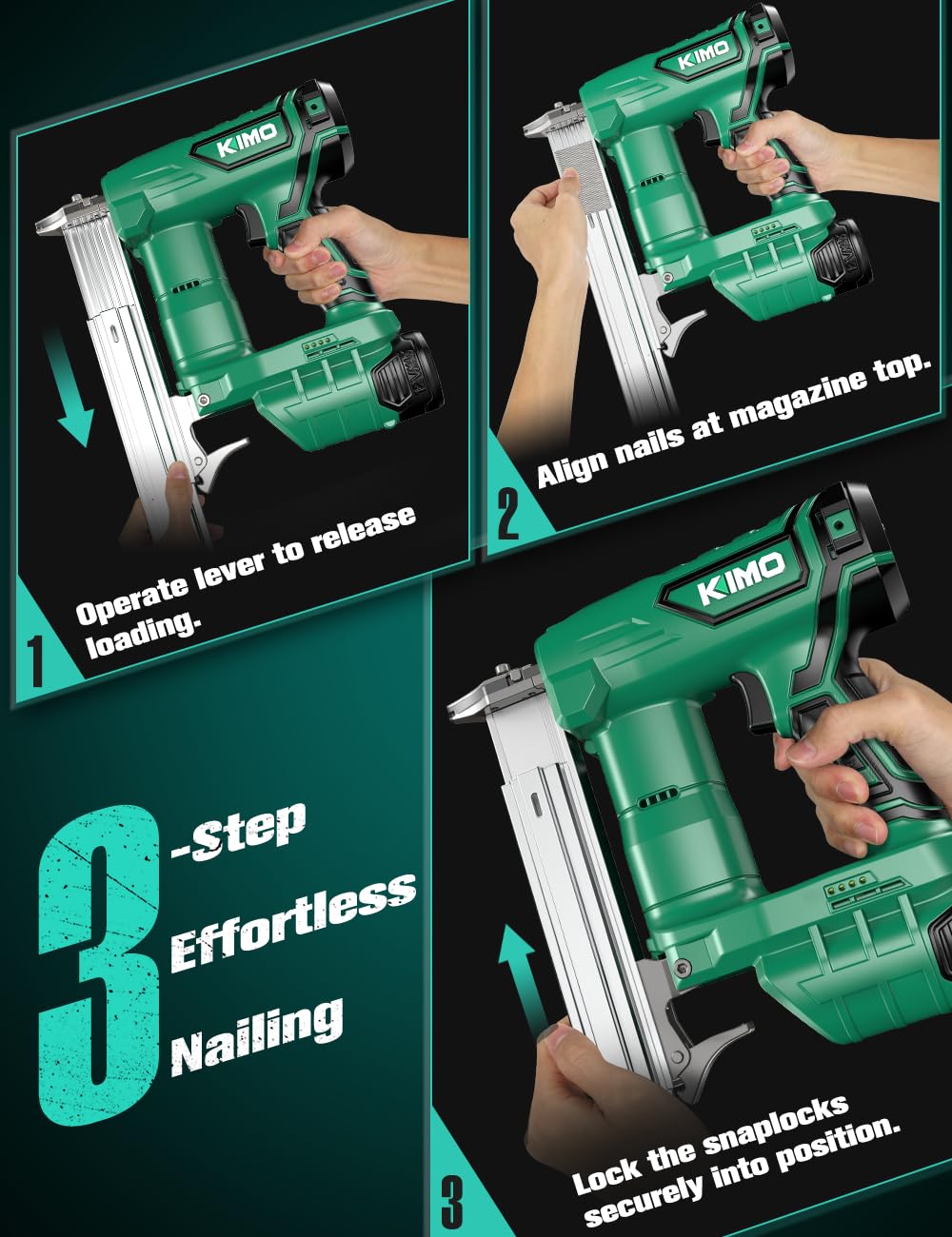 KIMO Brad Nailer Cordless w/ 5000pcs Nails, 2.0Ah Battery X2, 180 Nails/min, Single & Contact Firing, LED Light, Fast Charger,Adjustable Depth 18 GA Cordless Nail Gun for DIY Woodworking Framing
