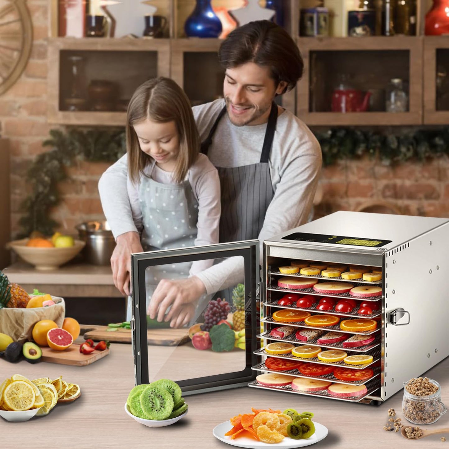 Cercker Food-Dehydrator Machine 8 Stainless Steel Trays, 500W Jerky Dehydrator for Meat, 190ºF Mushroom Dryer, 24H Timer Fruits Dryer for Herbs, Veggies, Yogurt & Dog Treats