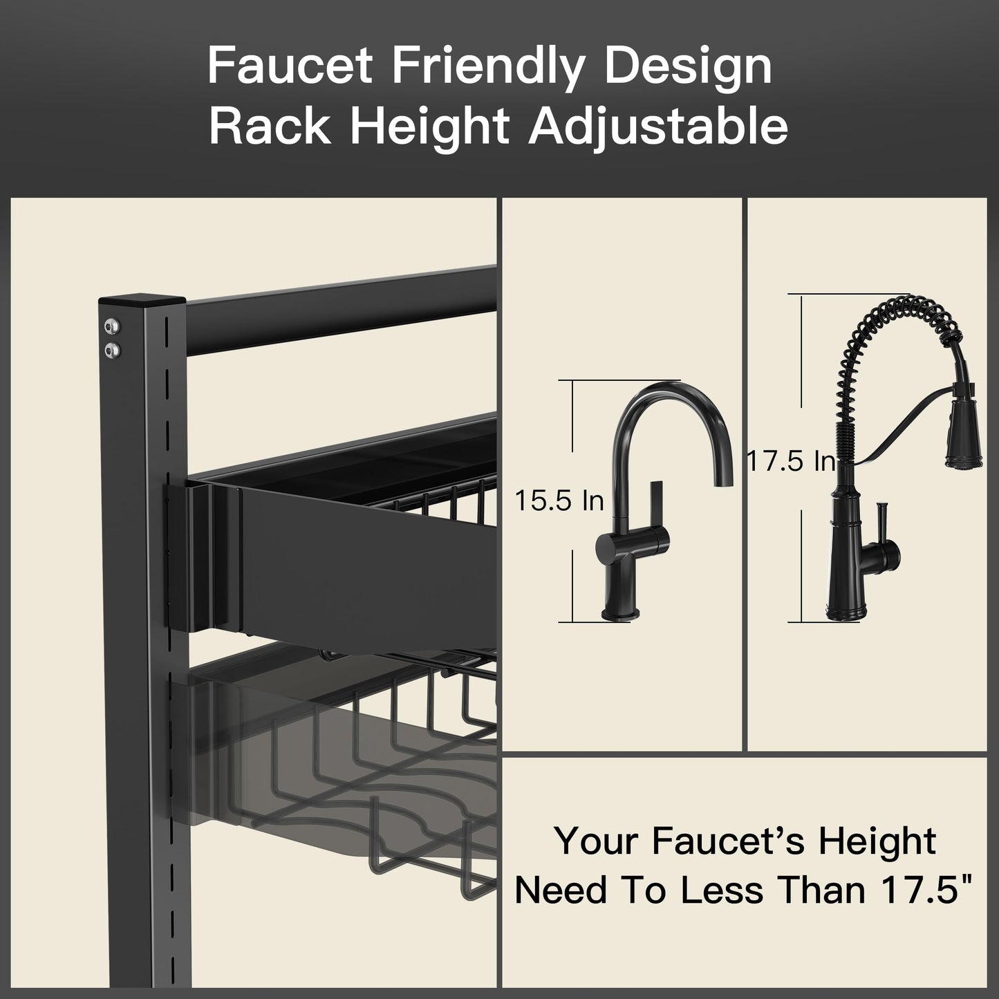 3 Tier Extra Large Stainless Steel Expandable Over The Sink Dish Drainer Drying Rack, Rust Proof Metal, Space Saving, Modern Black Big Capacity Extendable Plate Strainers Above Kitchen Counter