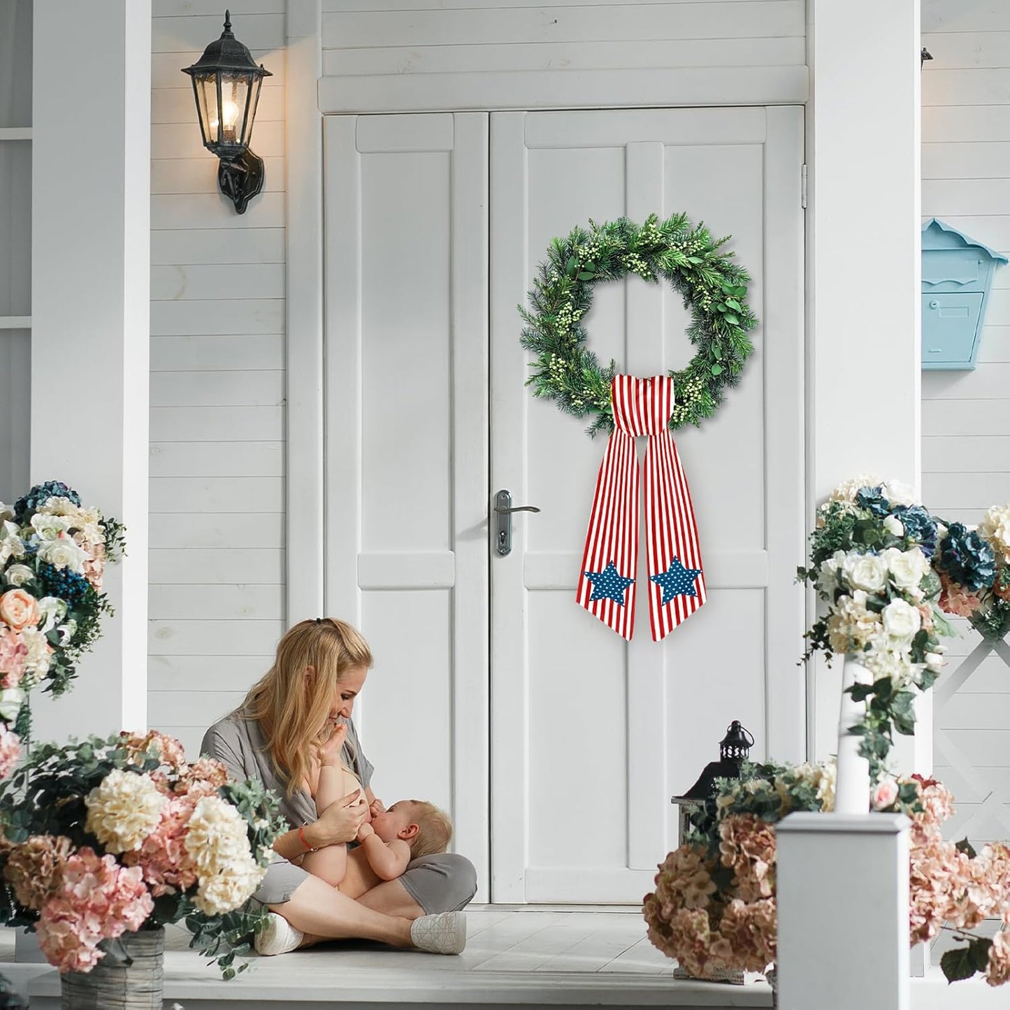 Patriotic Wreath Sash - Red White Stripe Star Design | Burlap Garland Ribbon for 4th of July Decor, 5.1 x 54.3"