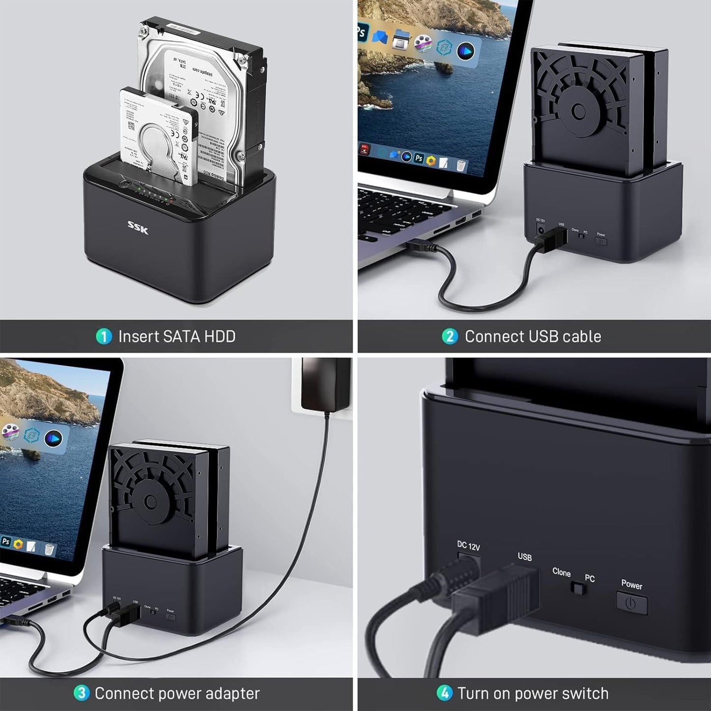 SSK 3.0 2.5 3.5 inch (2x20TB Aluminum Hard Drive Docking Station, USB to SATA Dual Bay External HDD Dock Caddy Reader