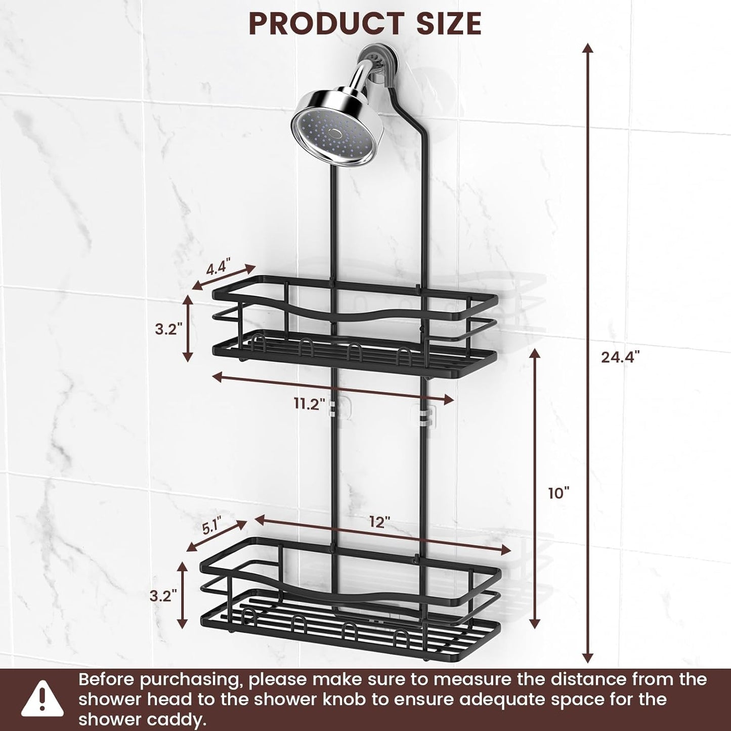 Reinhardt Rustproof Shower Caddy - Anti-Swing Organizer with Soap Holder & Hooks | Black