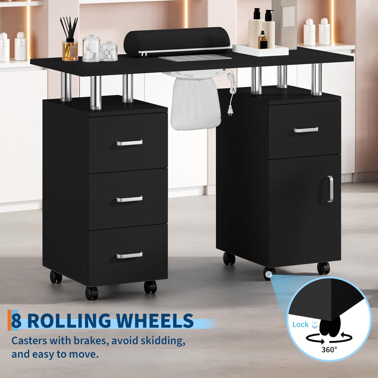PeacefulHues Manicure Table for Nail Tech, Nail Desk Table Station with Electric Dust Collector Side Cabinet 4 Drawers and Wrist Rest, Beauty Salon Nail Supplies Decor Workstation, Black